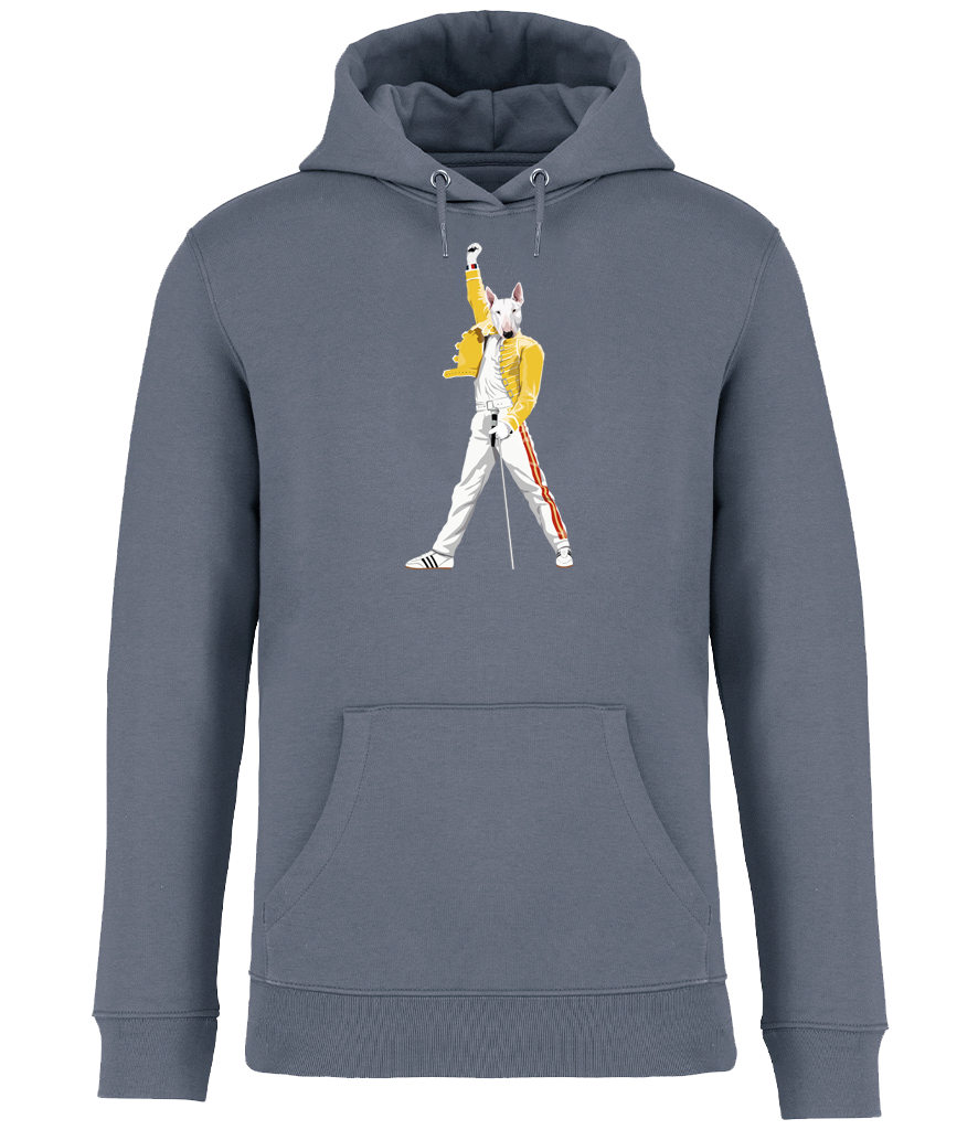 Mineral Grey Hoodie printed with an English Bull Terrier Dog Dressed up like the pop Icon Freddie mercury holding a microphone