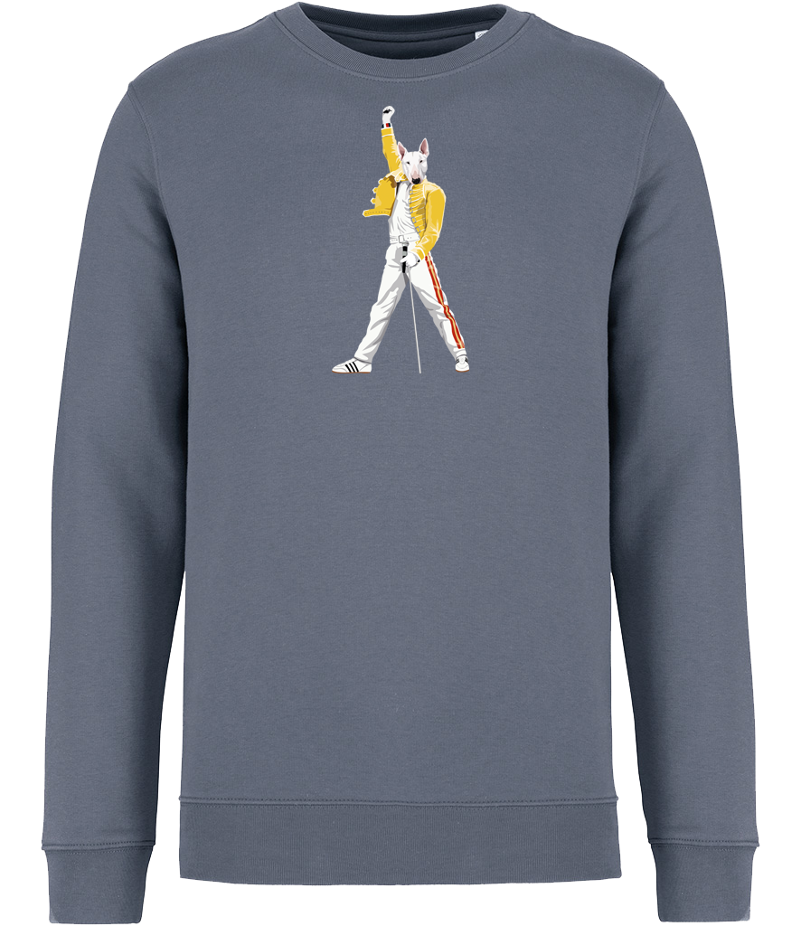 Mineral Grey Sweatshirt printed with an English Bull Terrier Dog Dressed up like the pop Icon Freddie mercury holding a microphone