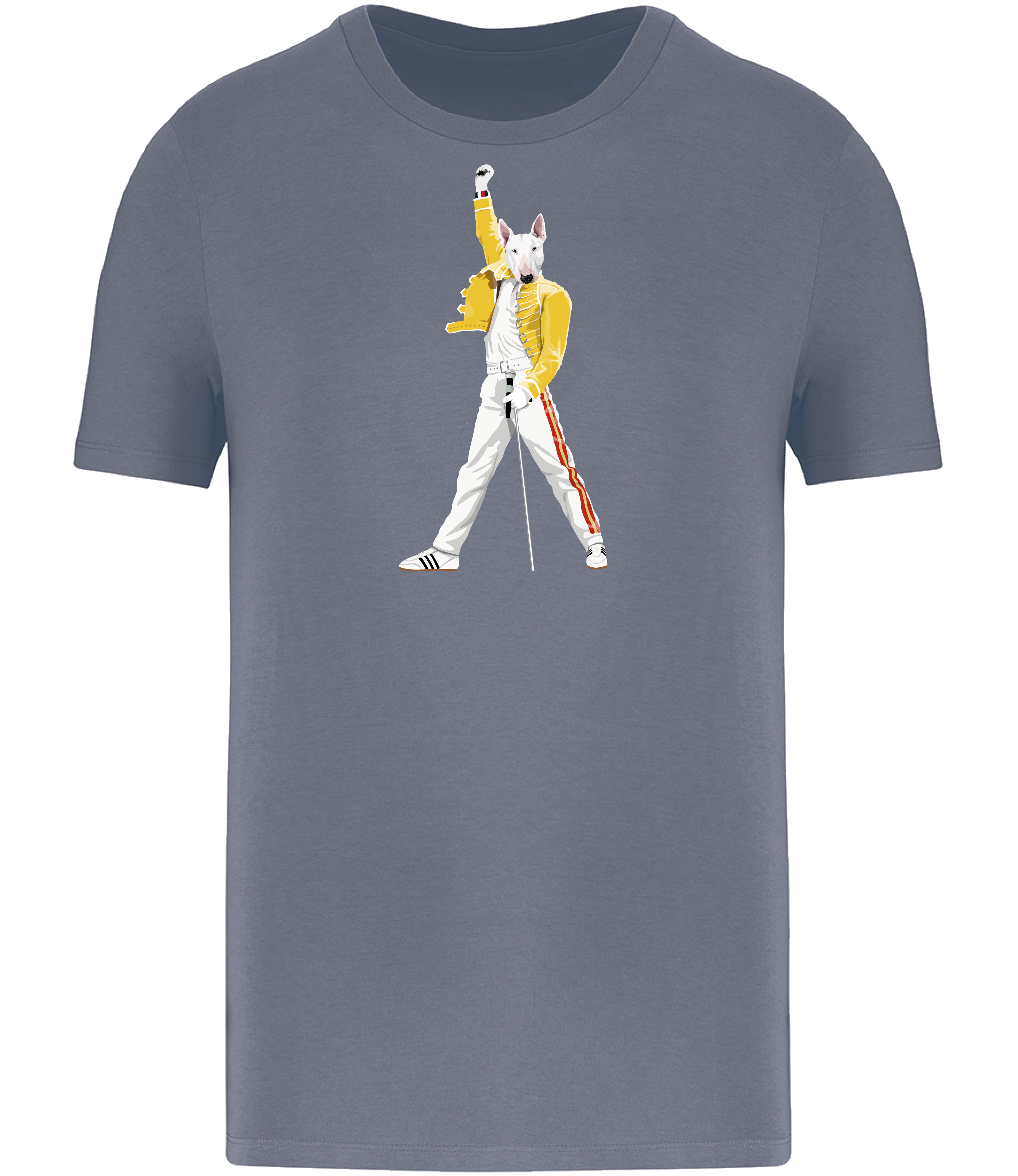 Mineral Grey T-shirt printed with an English Bull Terrier Dog Dressed up like the pop Icon Freddie mercury holding a microphone