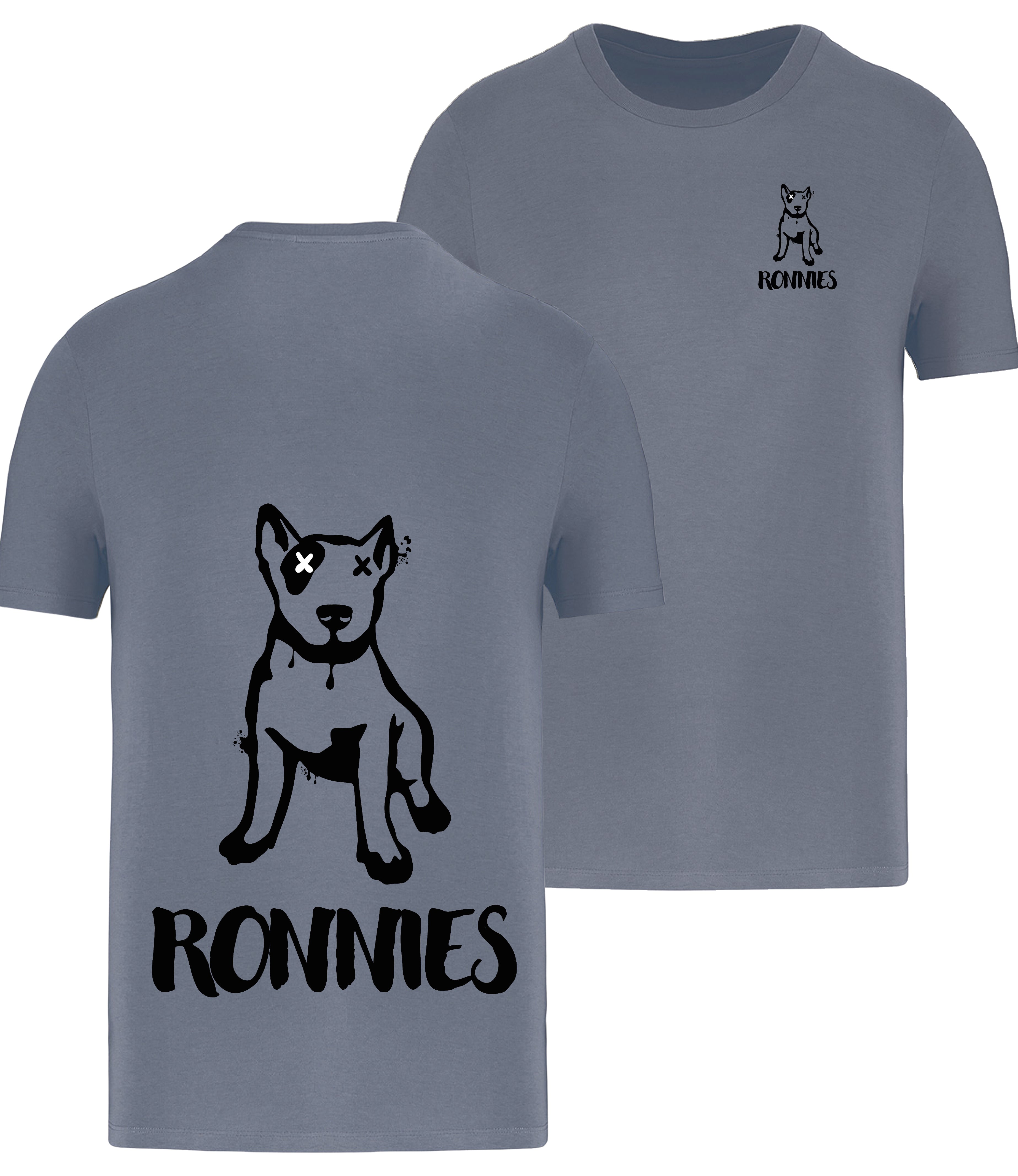 Ronnies Casuals Mineral Grey T-Shirt printed with a small English bull terrier dog drawing with Ronnies written underneath and the same image on the back much bigger