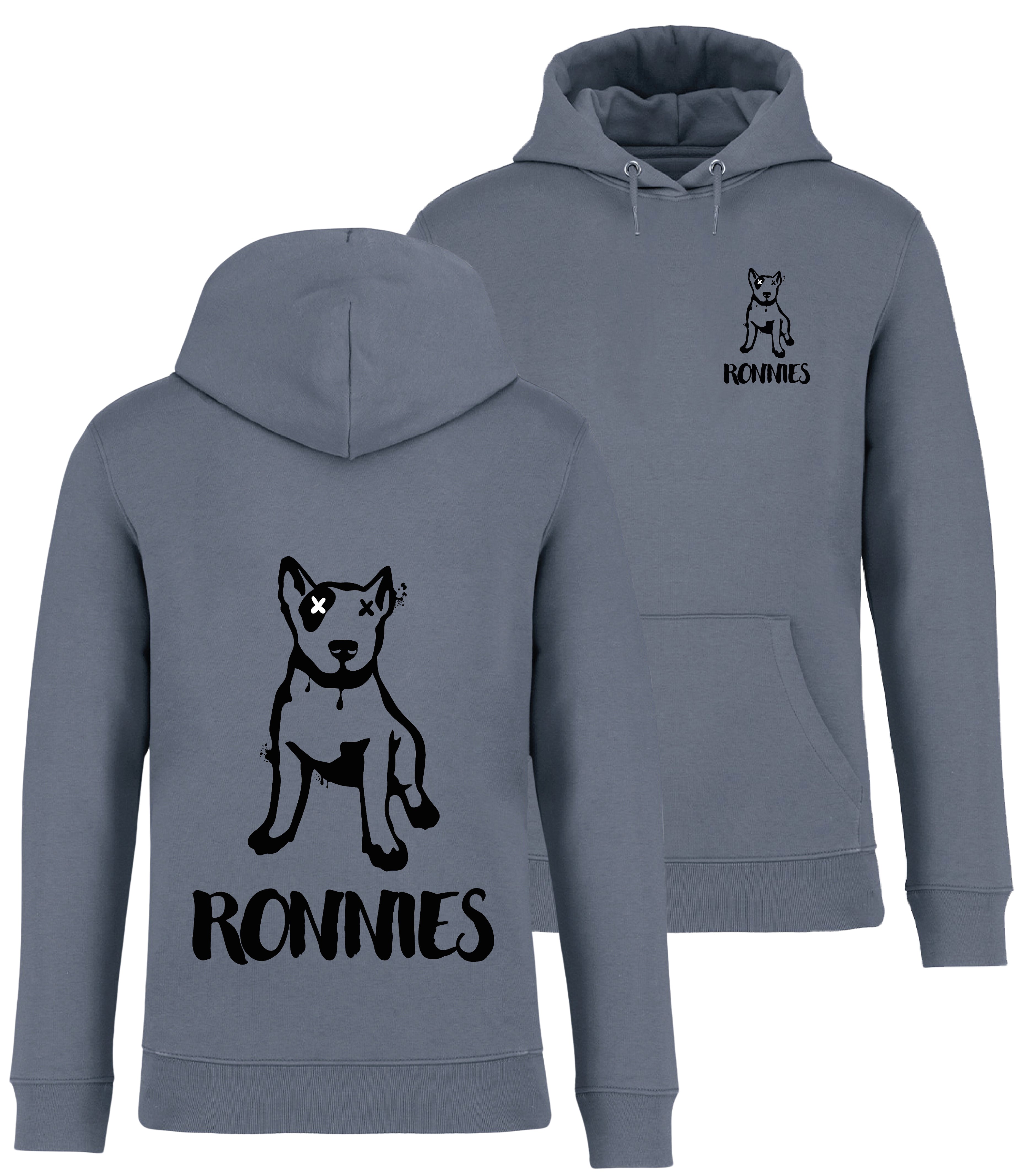 Ronnies Casuals Mineral Grey Hoodie printed with a small English bull terrier dog drawing with Ronnies written underneath and the same image on the back much bigger