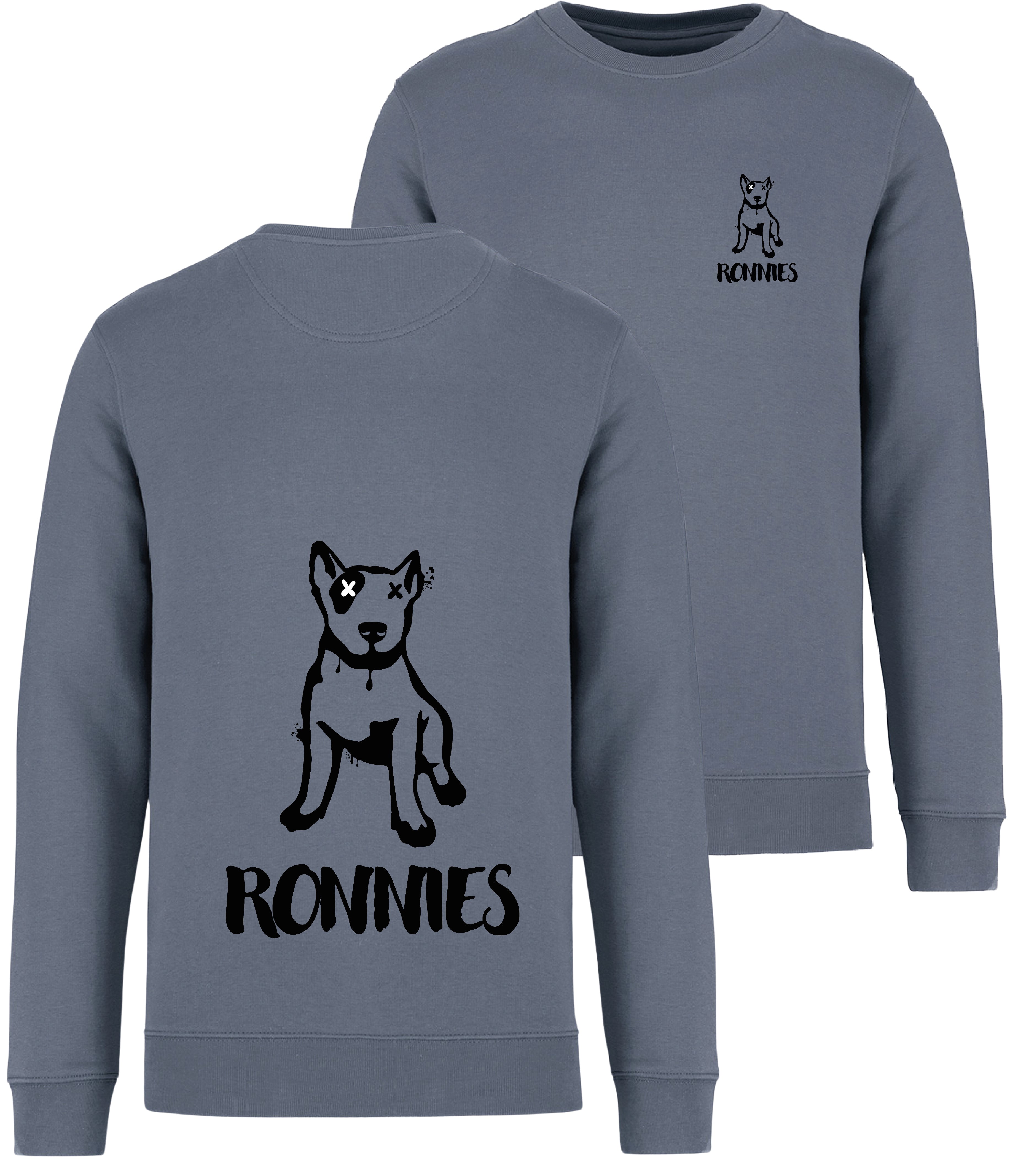 Ronnies Casuals Mineral Grey Sweatshirt printed with a small English bull terrier dog drawing with Ronnies written underneath and the same image on the back much bigger