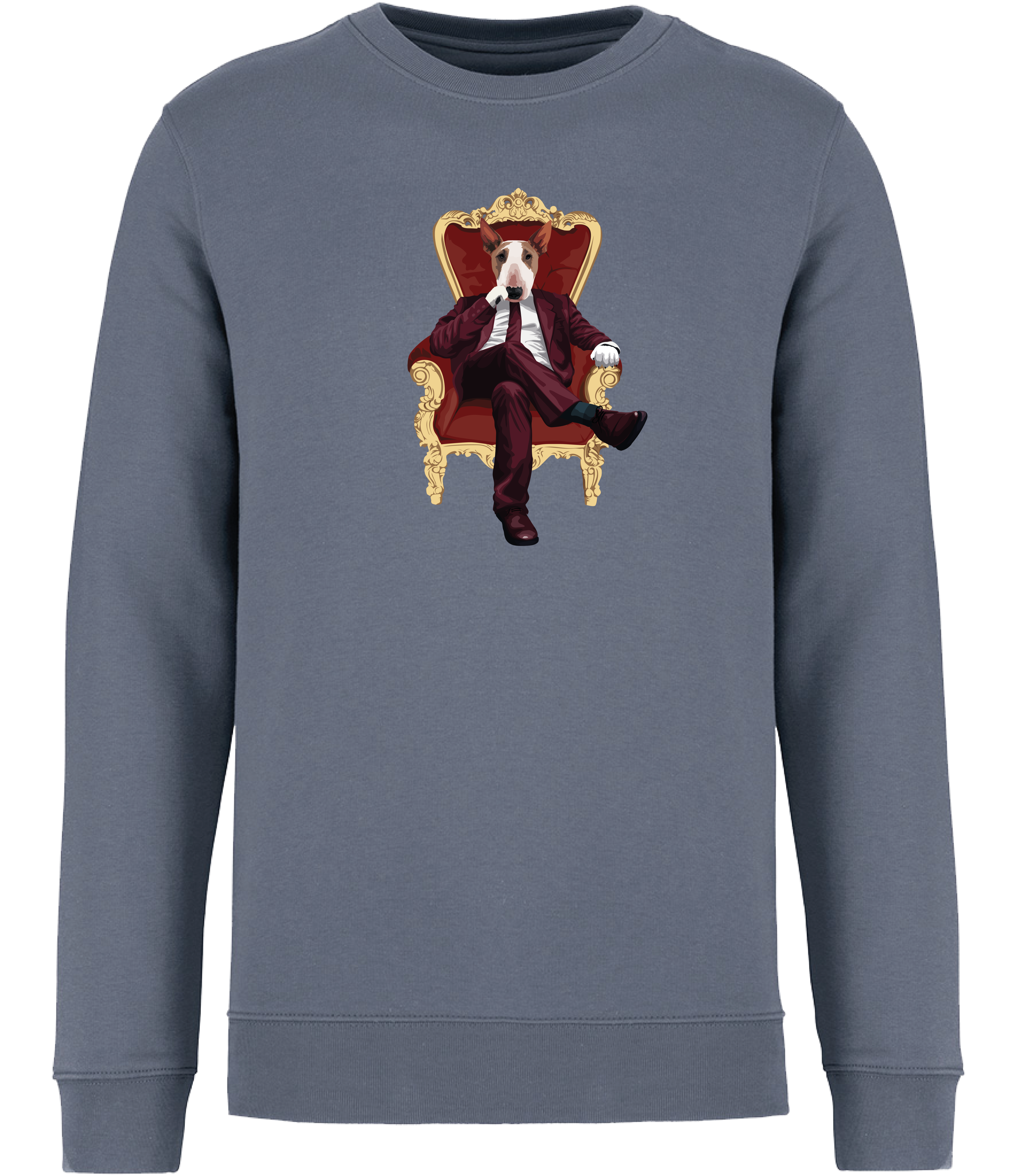 Mineral Grey Sweatshirt printed with and English Bull Terrier Dog wearing a red suit and tie sitting in a big gold and red throne type chair