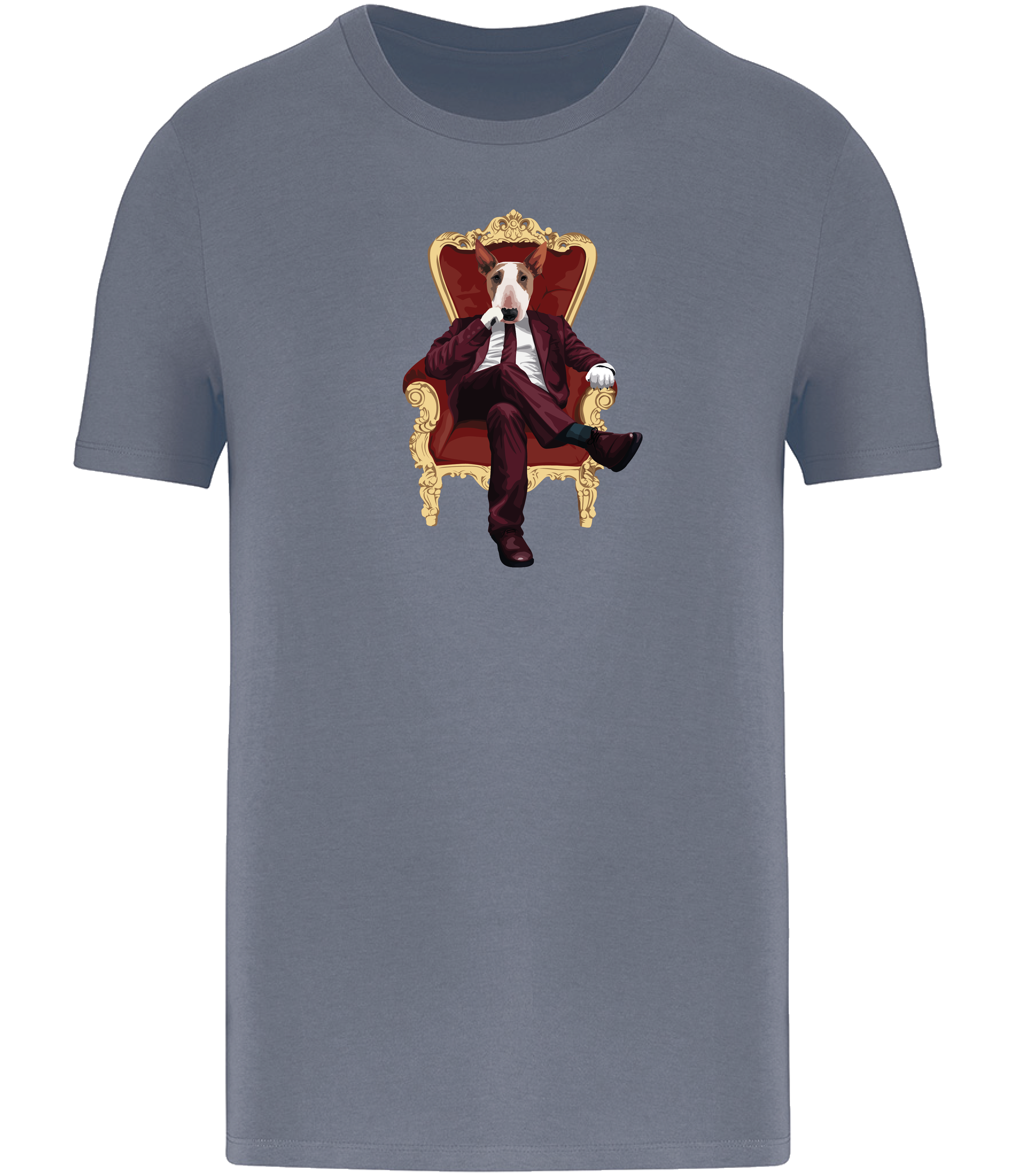 Mineral Grey T-shirt printed with and English Bull Terrier Dog wearing a red suit and tie sitting in a big gold and red throne type chair