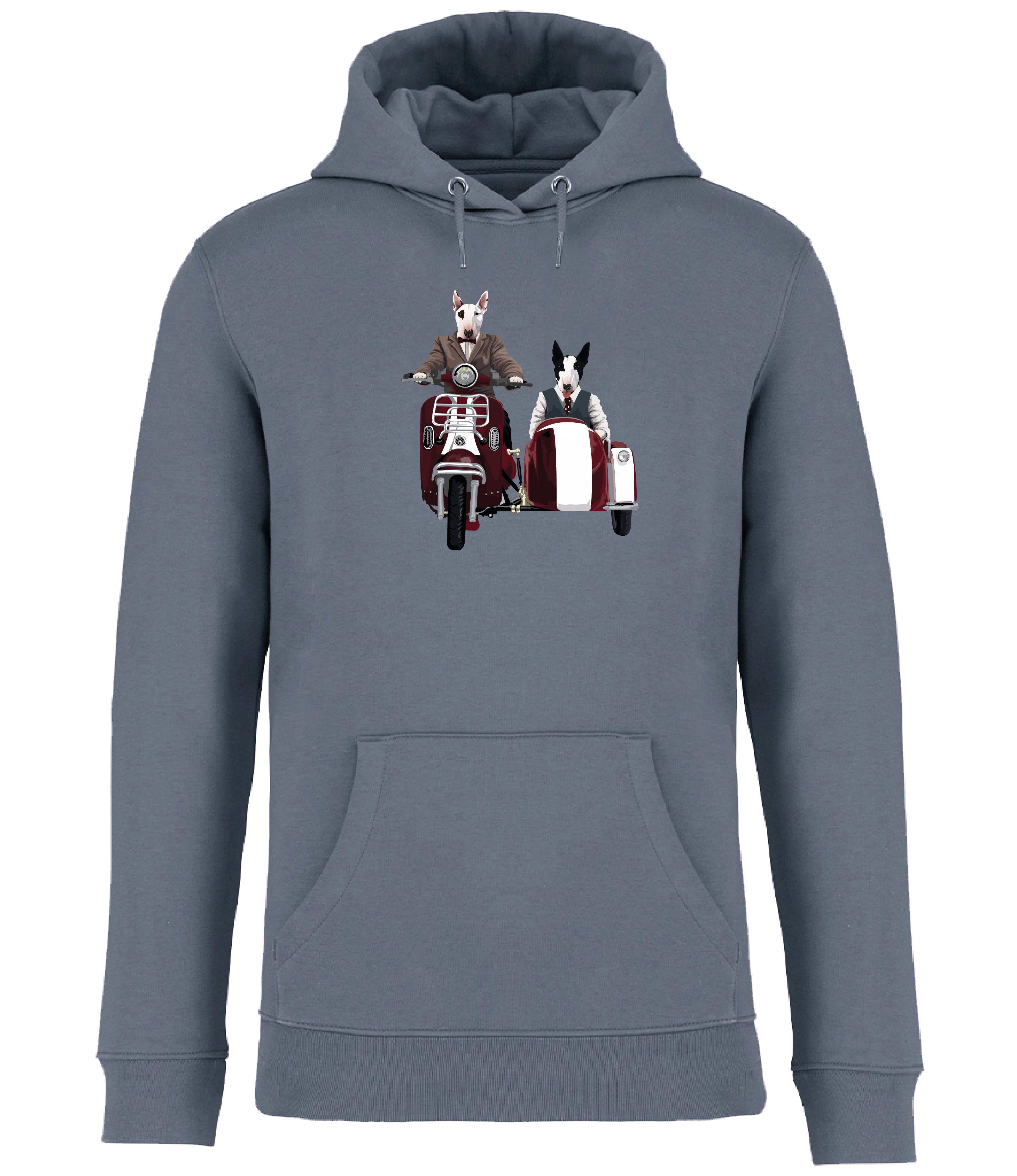 Mineral Grey Hoodie printed with an English Bull Terrier riding a Motorcycle and side car and another English Bull Terrier riding in the sidecar 