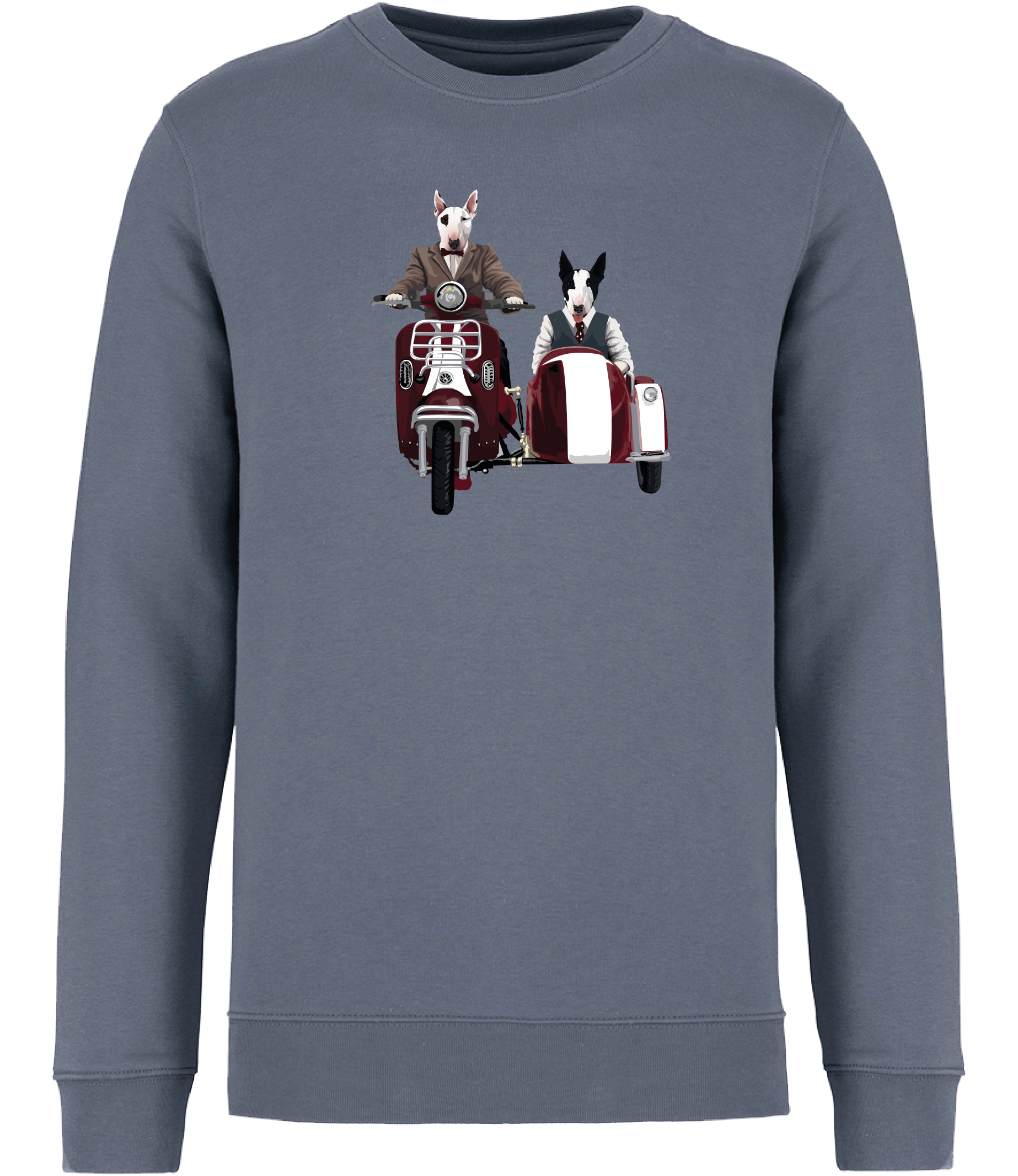 Mineral Grey Sweatshirt printed with an English Bull Terrier riding a Motorcycle and side car and another English Bull Terrier riding in the sidecar 