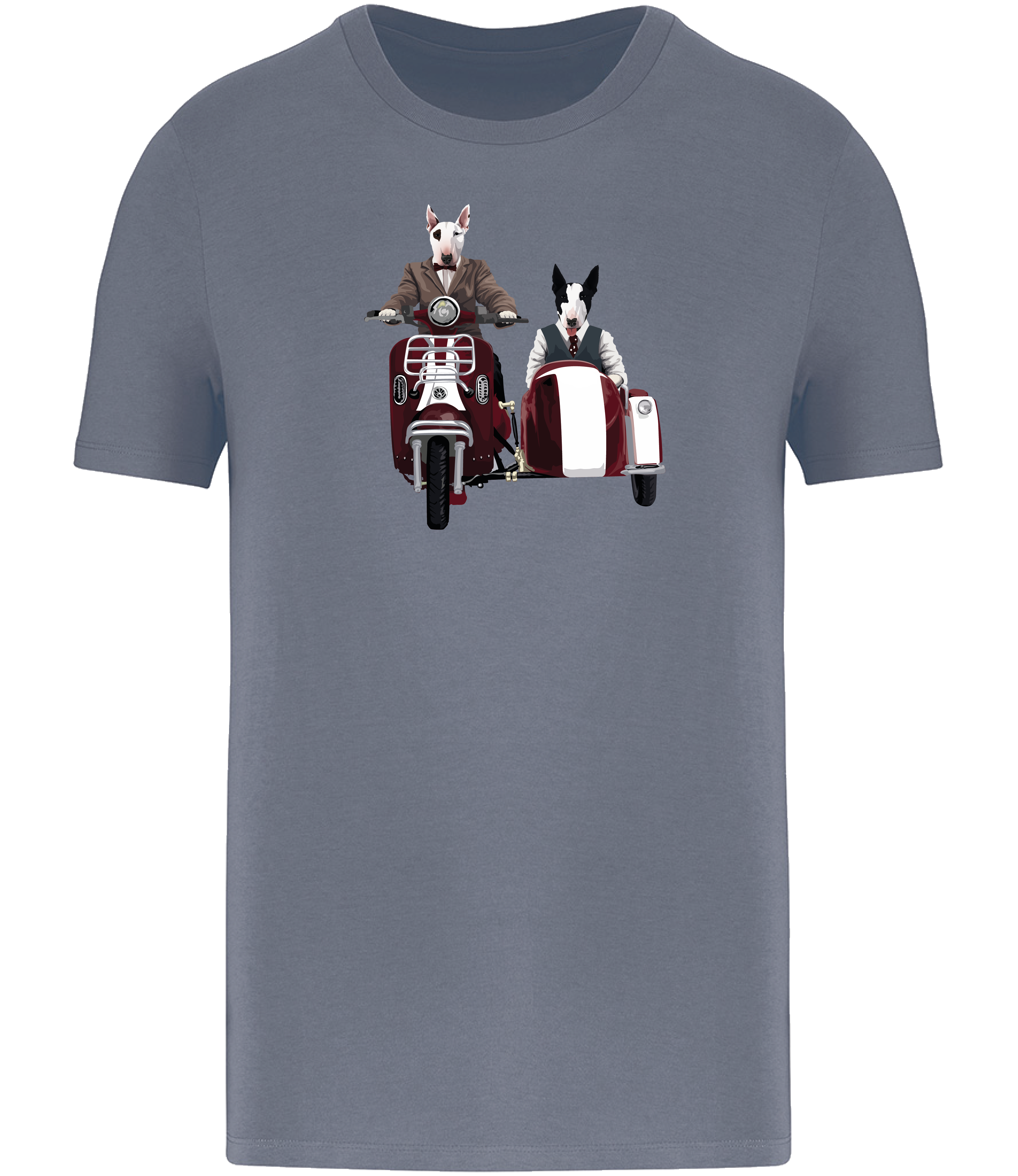 Mineral Grey T-shirt printed with an English Bull Terrier riding a Motorcycle and side car and another English Bull Terrier riding in the sideca