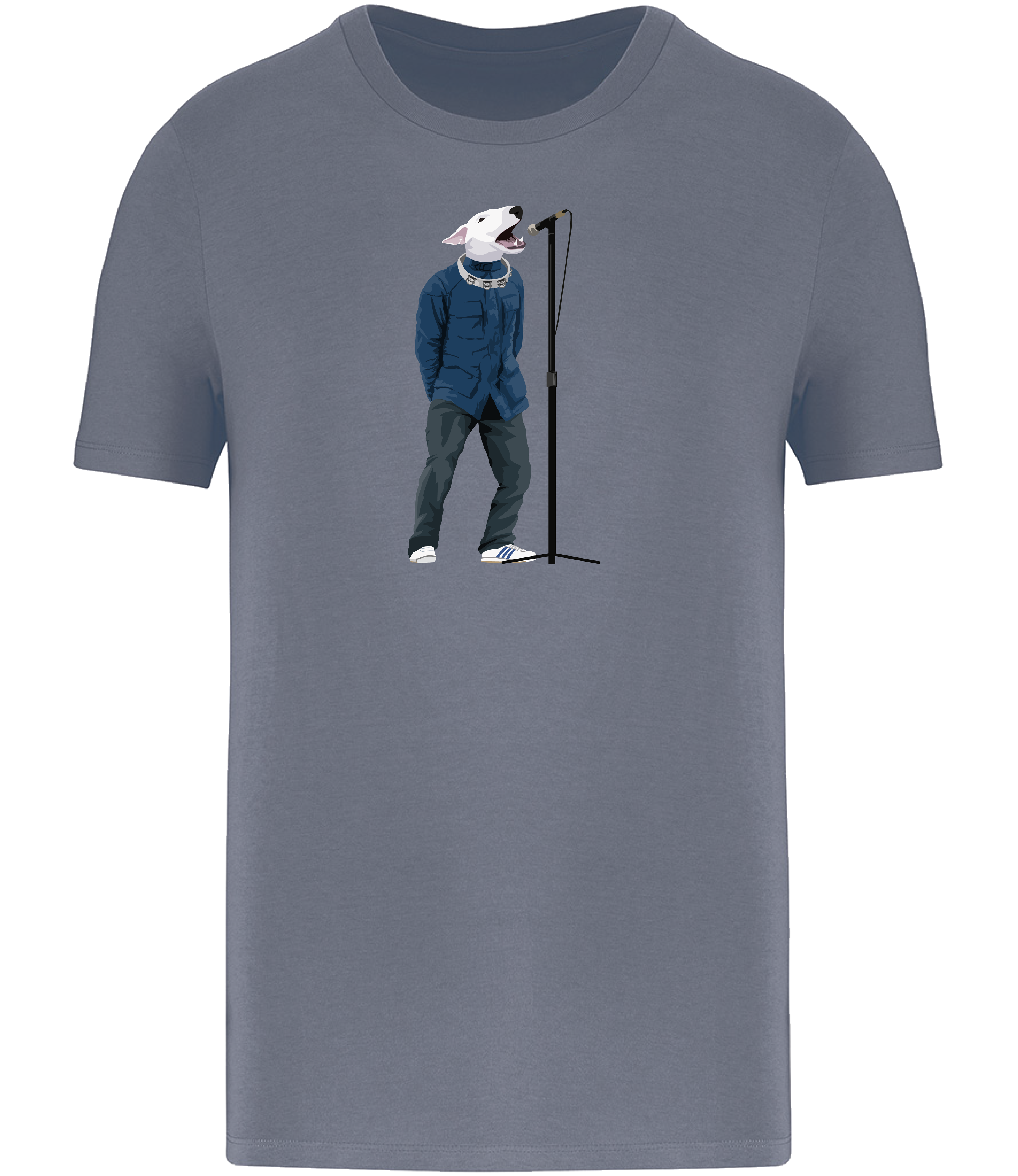 Mineral Grey T-shirt printed with an English Bull Terrier Dog wearing a blue jacket, jeans and trainers. A tambourine round his neck singing into a microphone