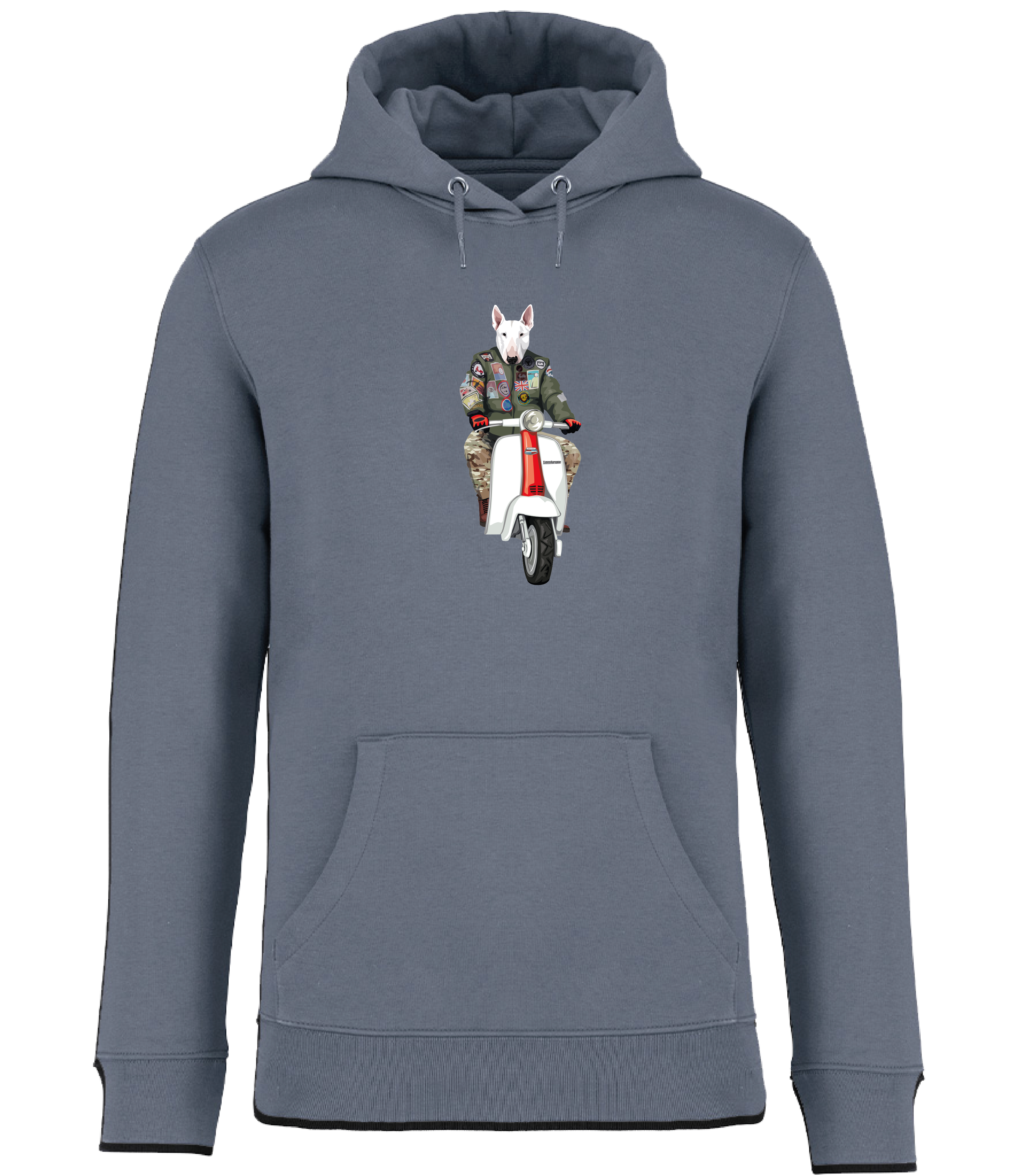Ronnies Casuals Mineral Grey Hoodie printed with an English Bull Terrier Dog wearing a flight jacket riding a Scooter 