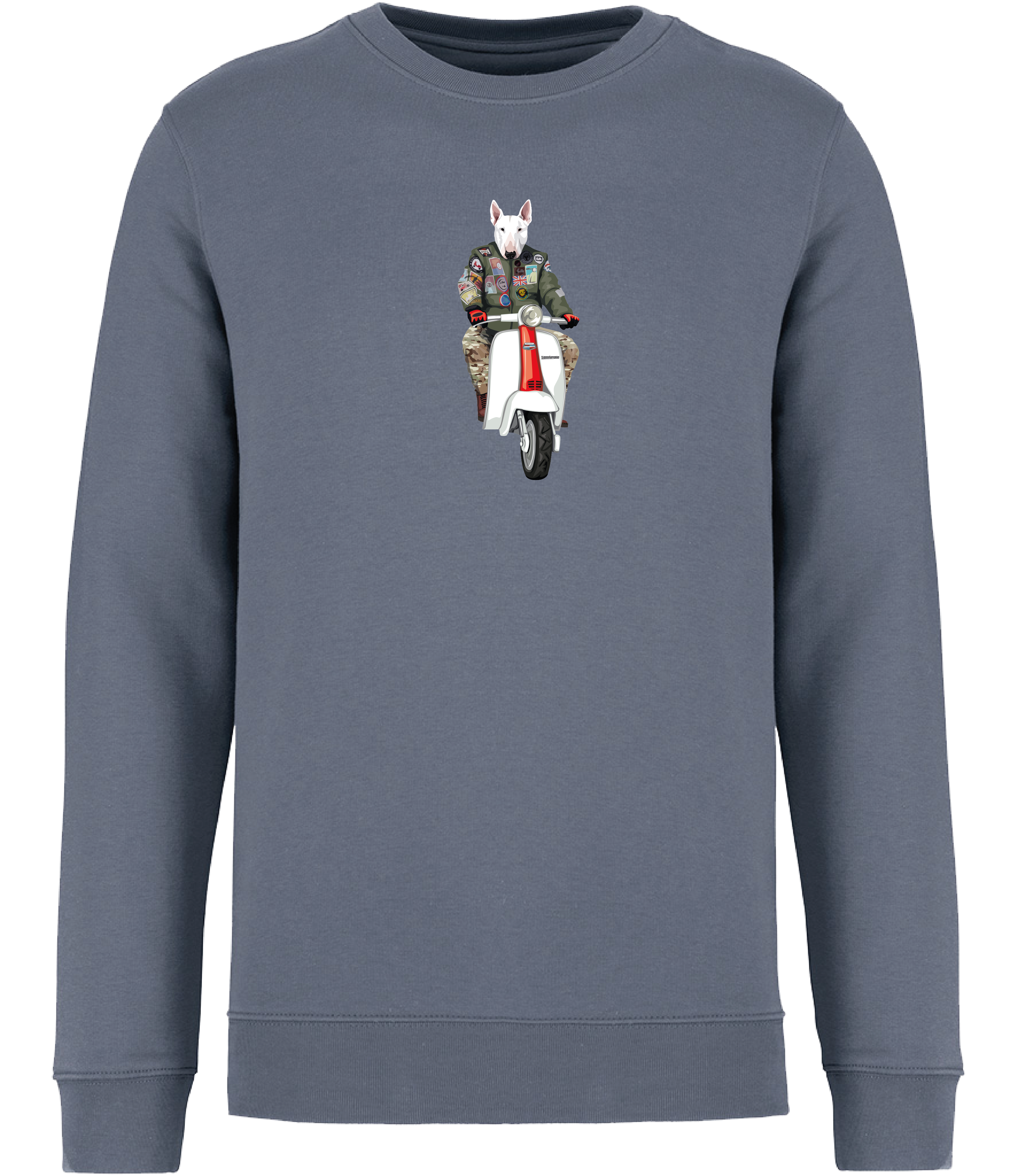 Ronnies Casuals Mineral Grey Sweatshirt printed with an English Bull Terrier Dog wearing a flight jacket riding a Scooter 