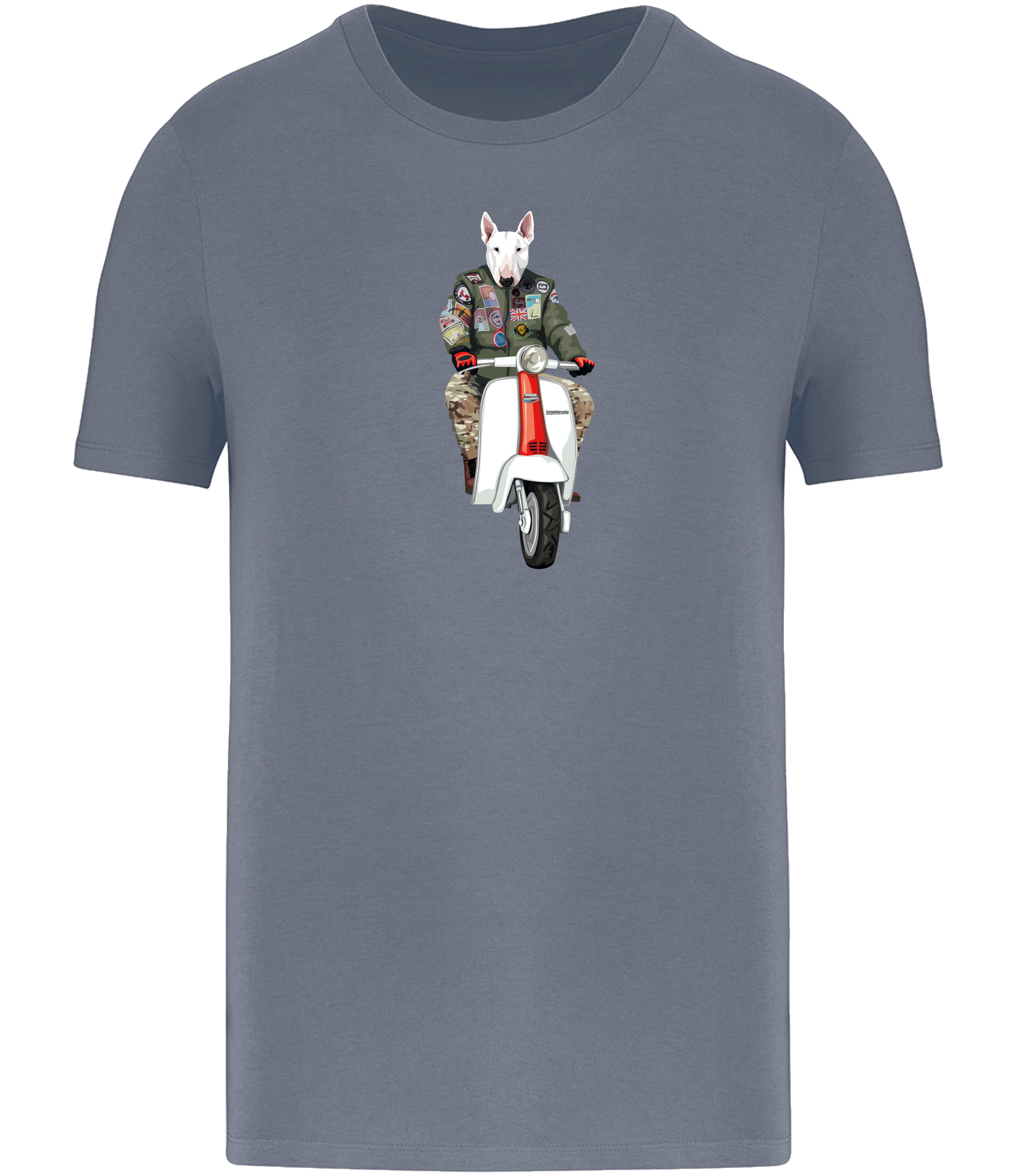 Mineral Grey T-shirt printed with an English Bull Terrier Dog wearing a flight jacket riding a Scooter 