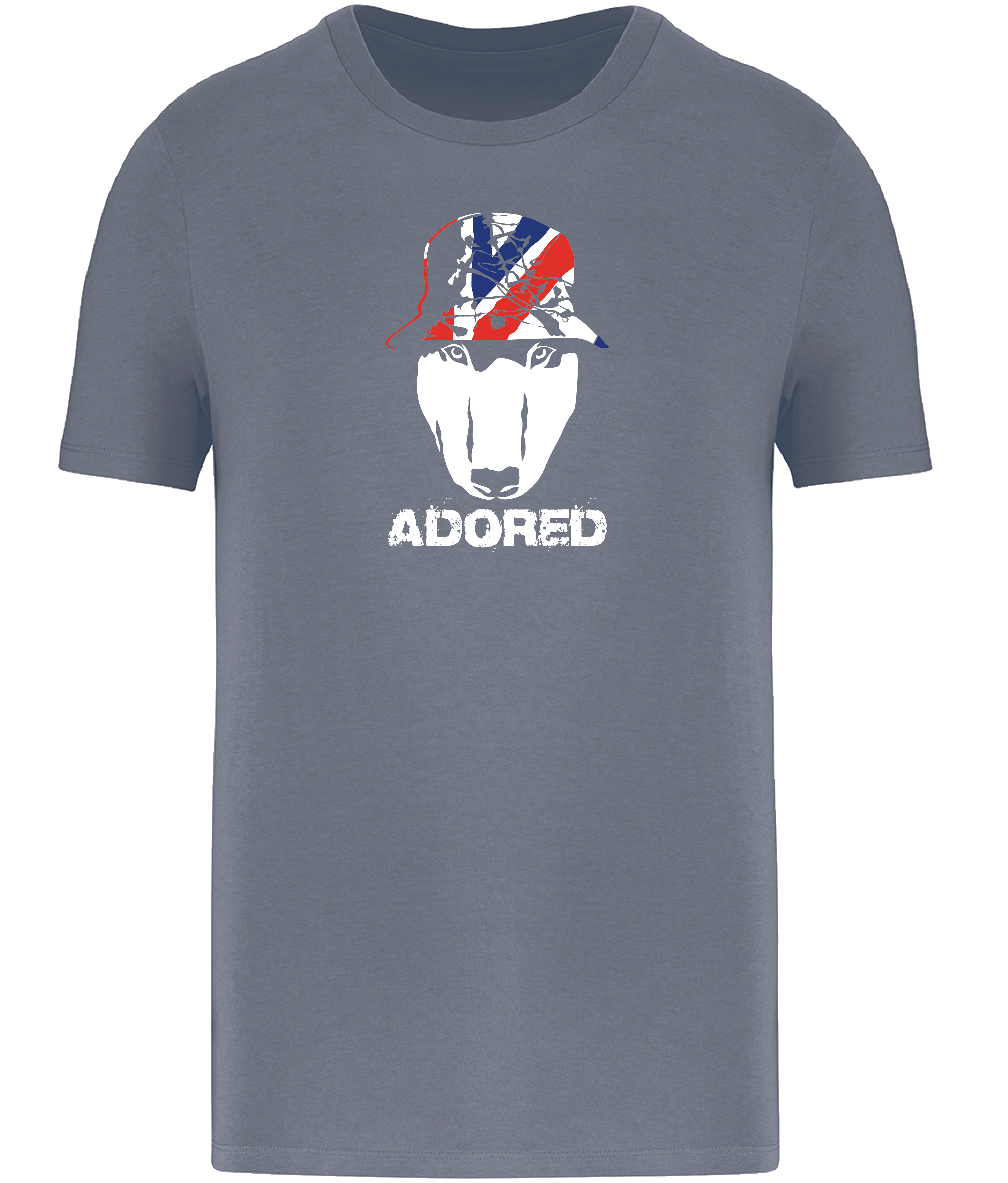 Mineral Grey colour t-shirt with short sleeves and a crew neckline featuring an English Bull Terrier face design wearing a union jack hat and the word Adored underneath