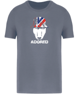 Mineral Grey colour t-shirt with short sleeves and a crew neckline featuring an English Bull Terrier face design wearing a union jack hat