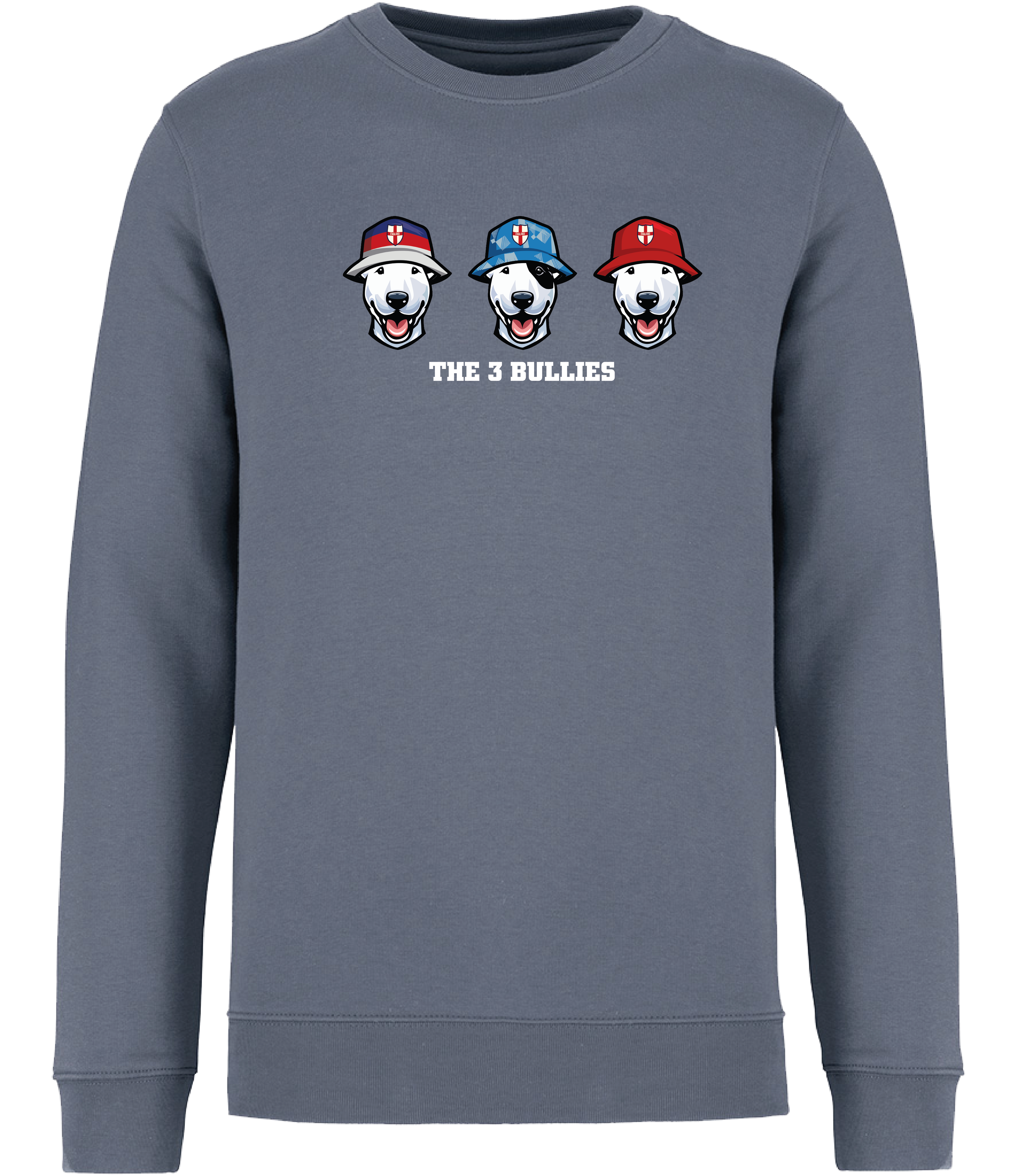 Ronnies Casuals Mineral Grey Sweatshirt printed with 3 English Bull Terrier Heads wearing Bucket hats decorated with St Georges flags and The 3 Bullies written underneath