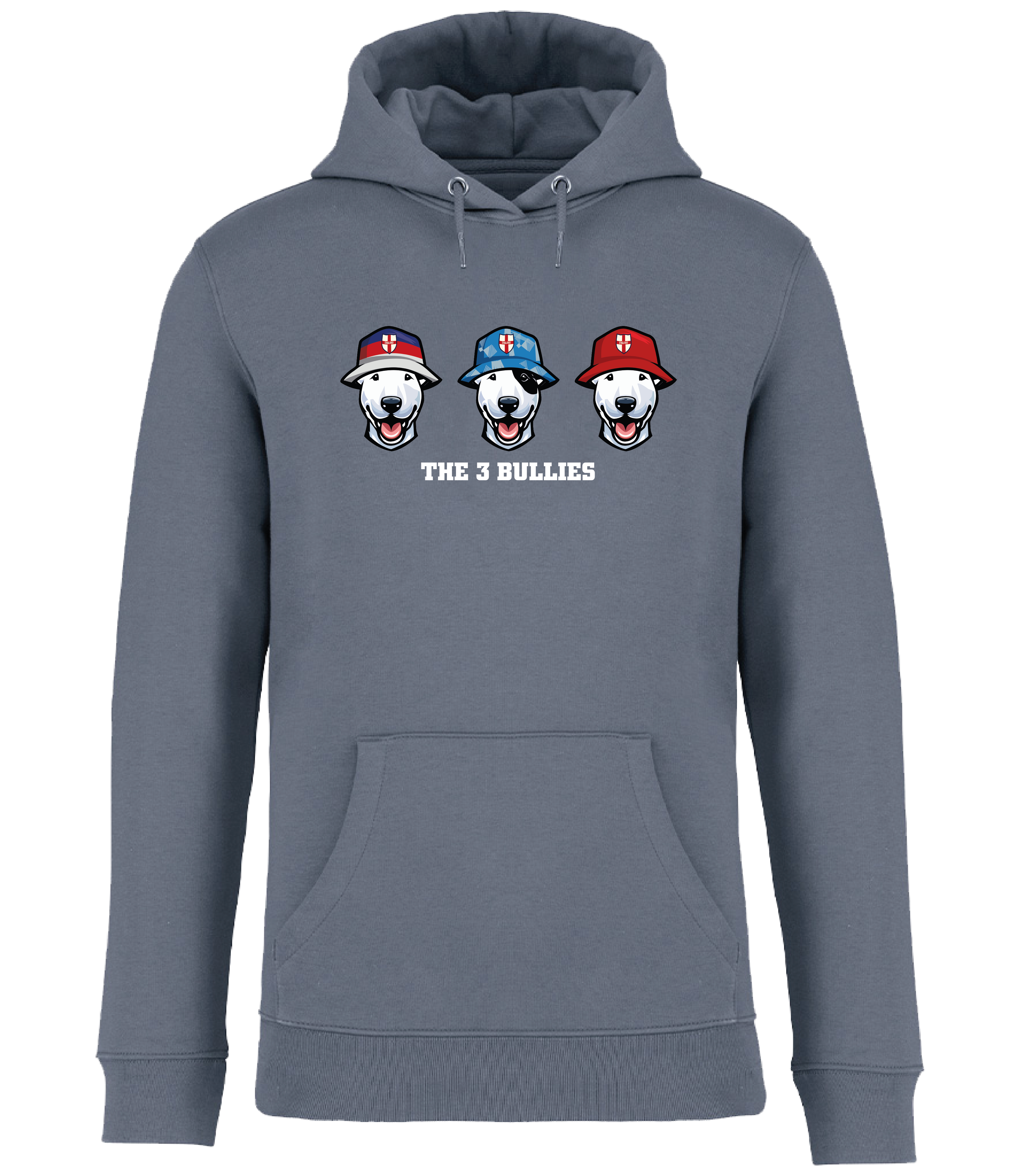 Mineral Grey Hoodie printed by Ronnies Casuals with 3 English Bull Terrier Heads wearing Bucket hats decorated with St Georges flags and The 3 Bullies written underneath