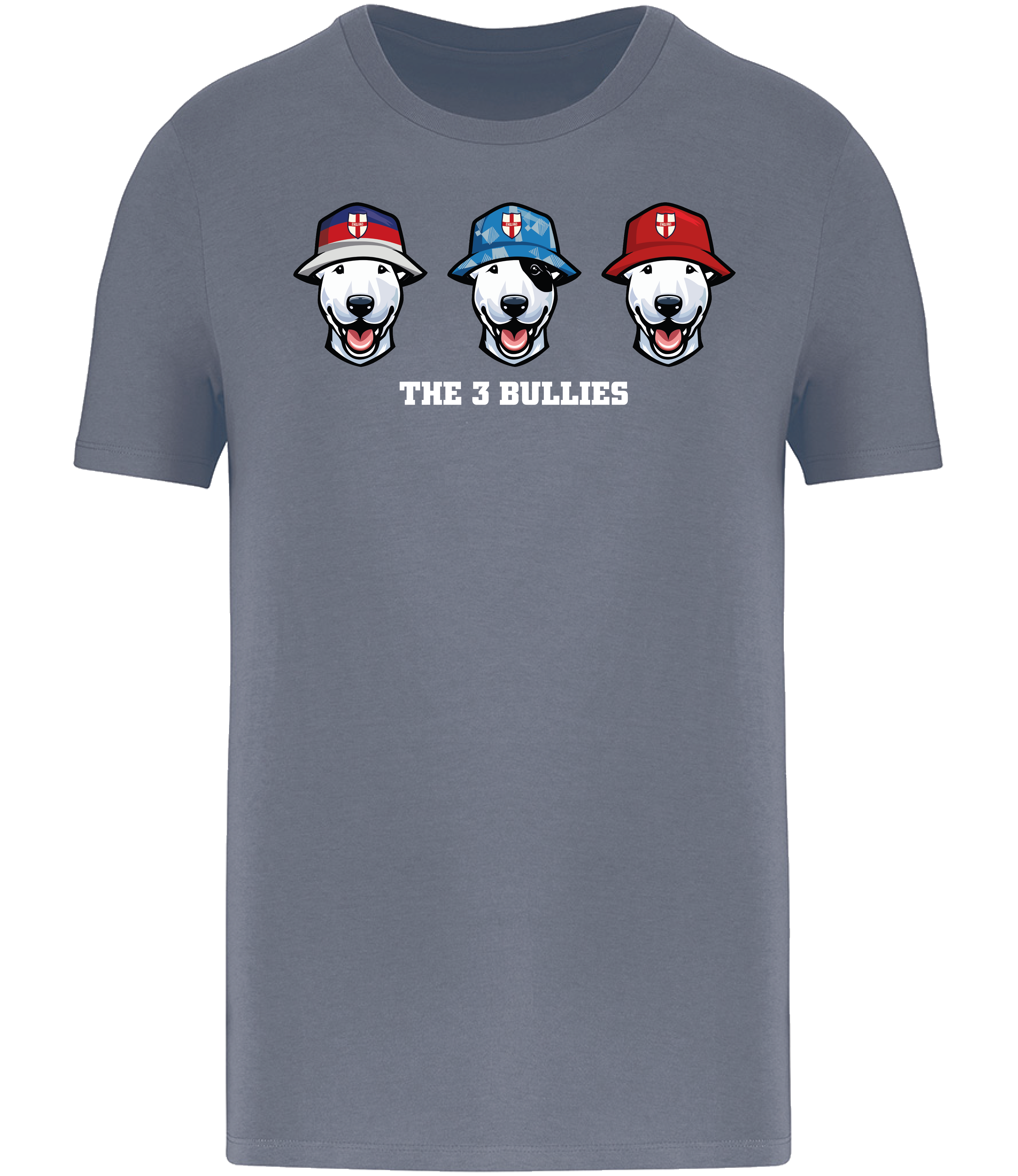 Mineral Grey T-shirt printed with 3 English Bull Terrier Heads wearing Bucket hats decorated with St Georges flags and The 3 Bullies written underneath