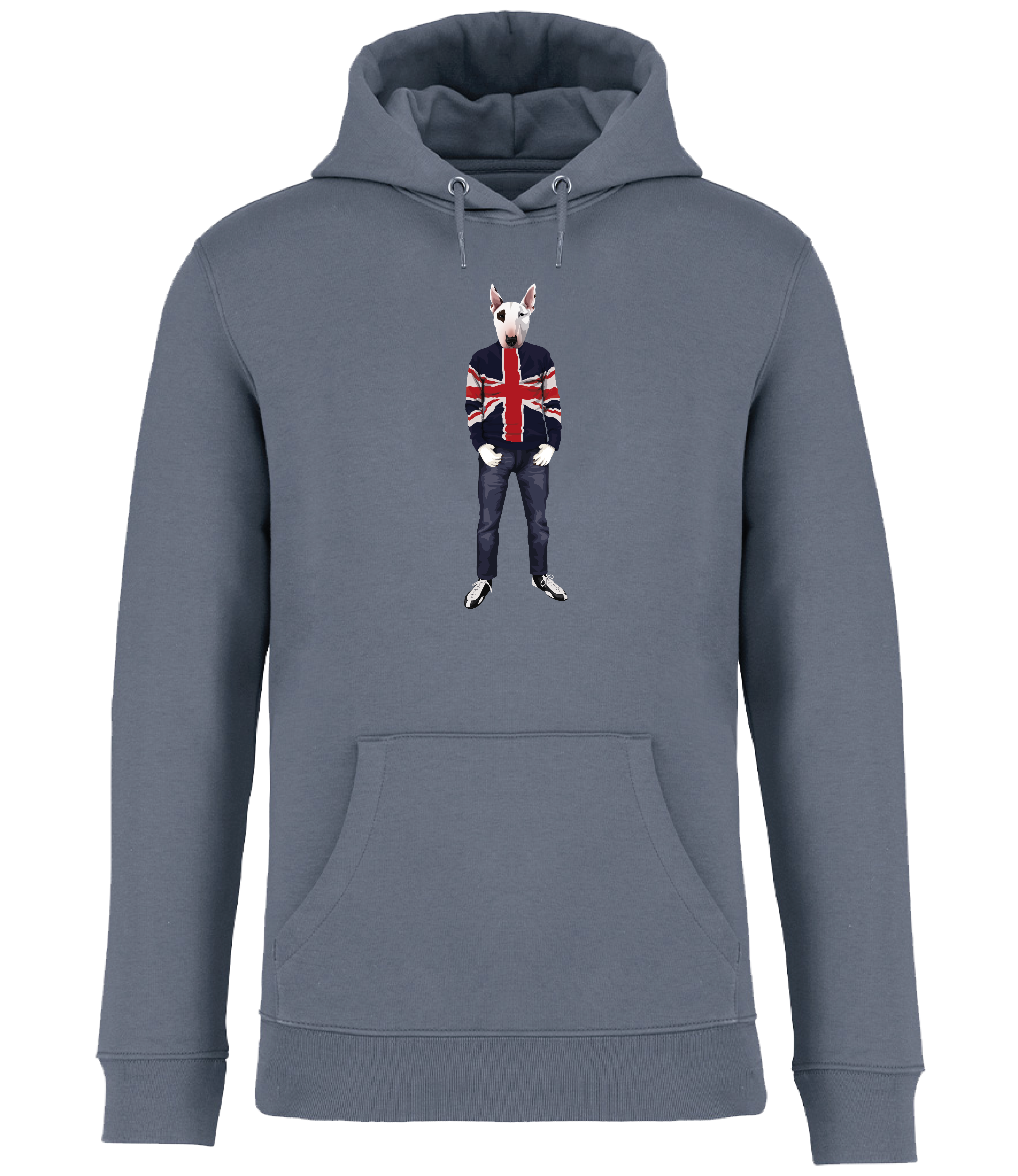 Mineral Grey Hoodie printed with an English Bull Terrier Dog with an eye patch wearing a Union Jack jumper, jeans and trainers