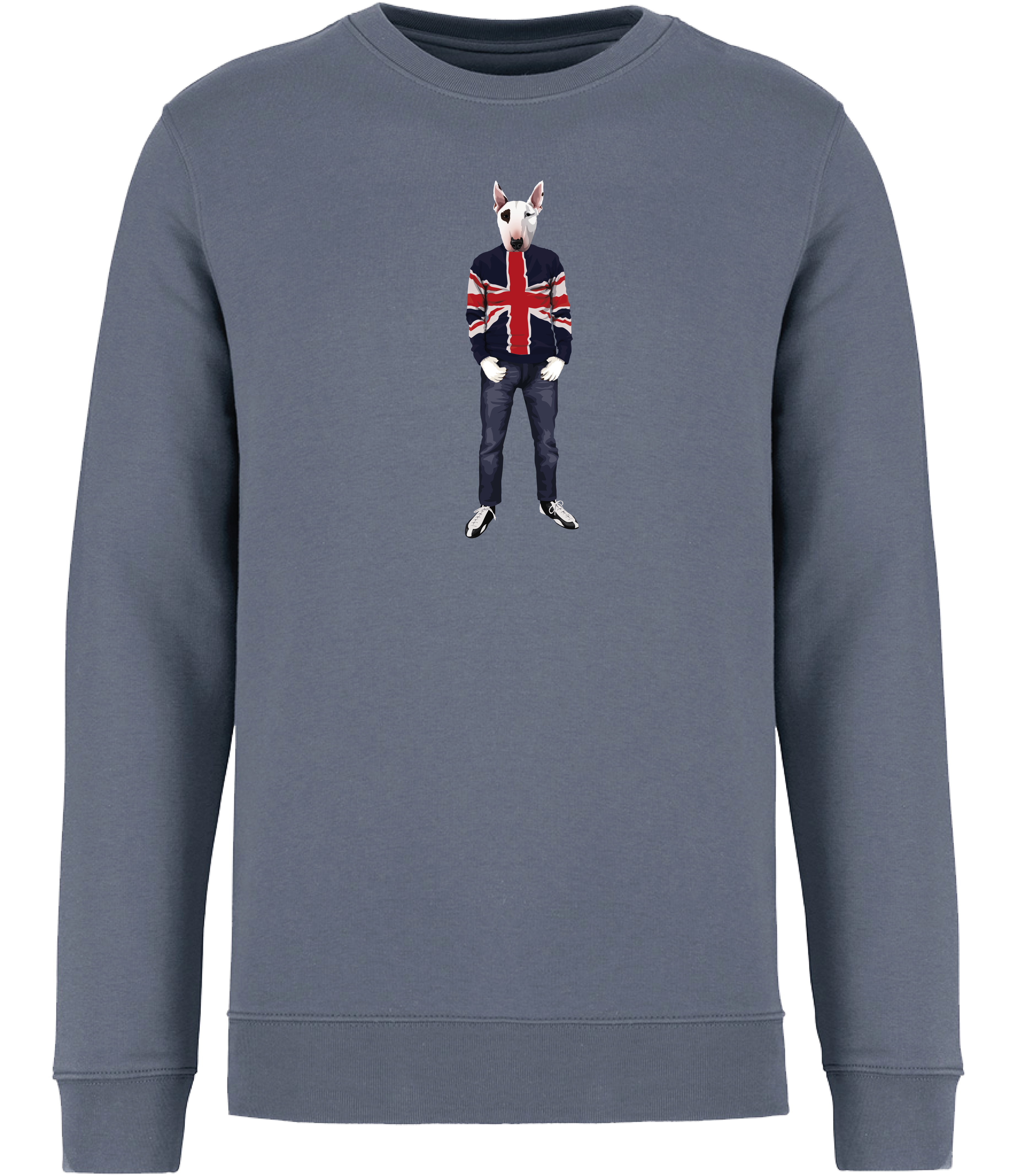 Mineral Grey Sweatshirt with an English Bull Terrier Dog with an eye patch wearing a Union Jack jumper, jeans and trainers