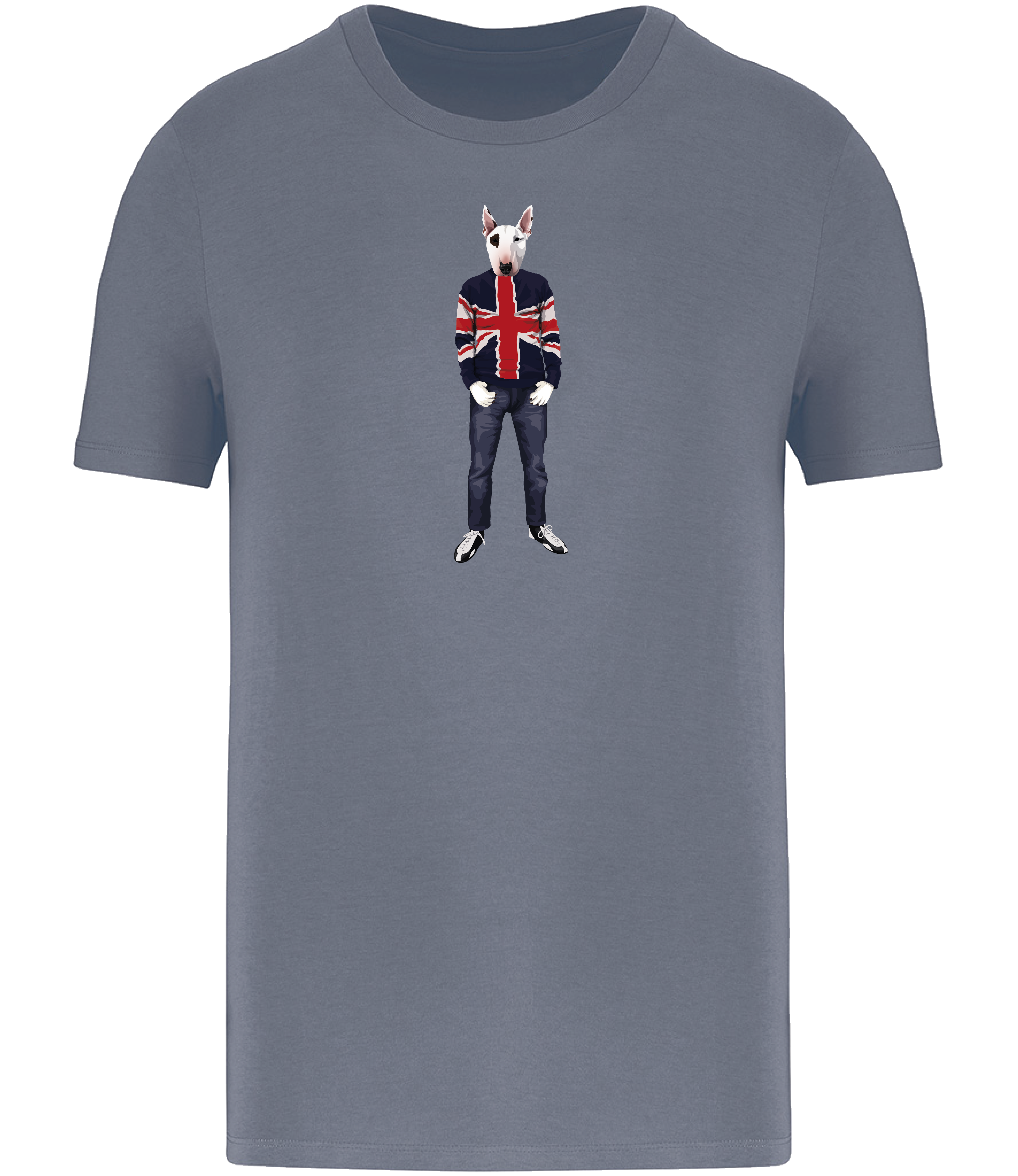 Mineral Grey T-shirt printed with an English Bull Terrier Dog with an eye patch wearing a Union Jack jumper, jeans and trainers