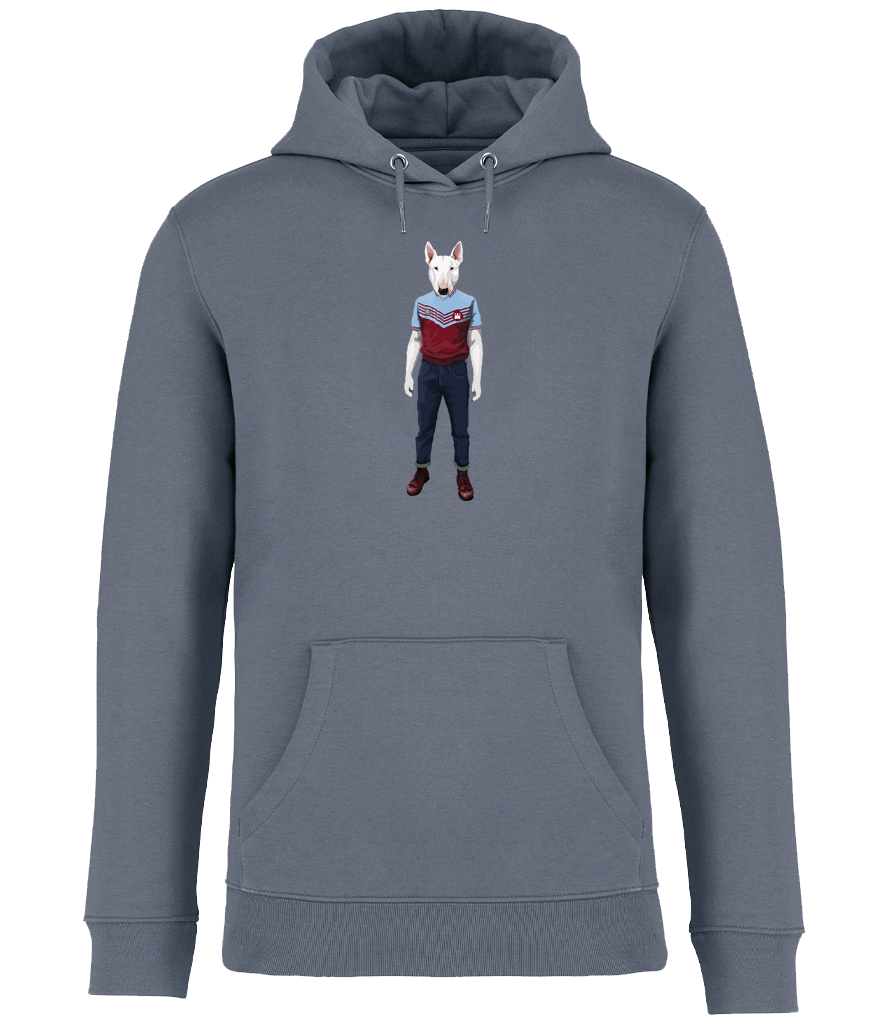 Mineral Grey Hoodie printed with an English Bull Terrier Dog wearing a West Ham Football Top, Jeans and Boots