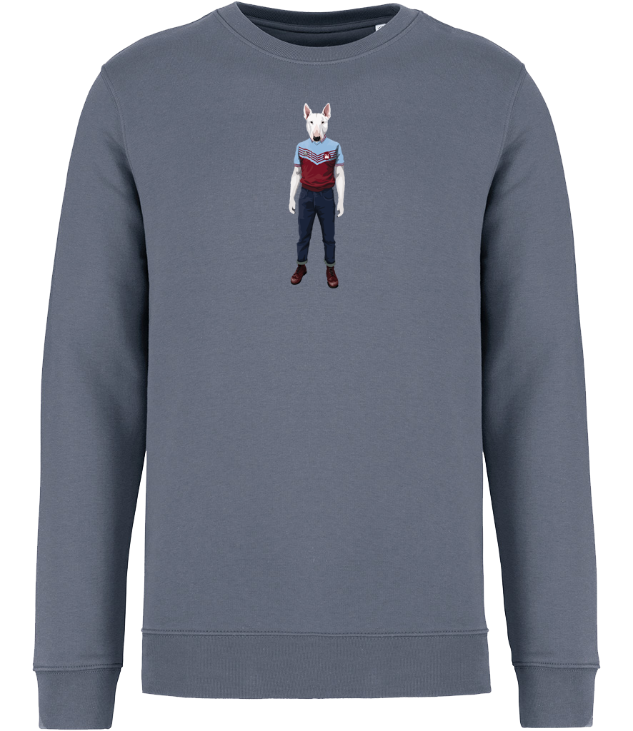 Mineral Grey Sweatshirt printed with an English Bull Terrier Dog wearing a West Ham Football Top, Jeans and Boots
