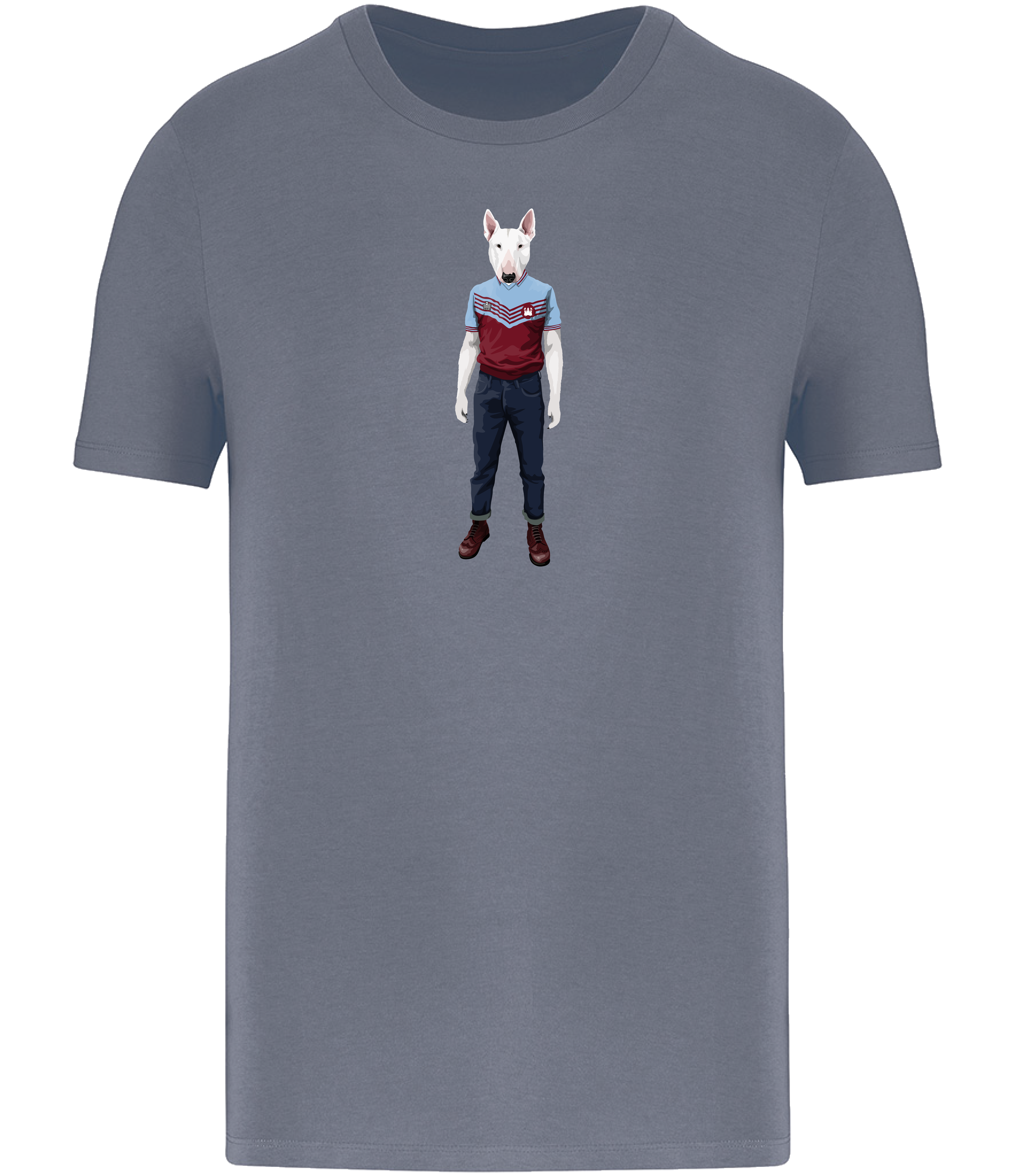 Mineral Grey T-shirt printed with an English Bull Terrier Dog wearing a West Ham Football Top, Jeans and Boots