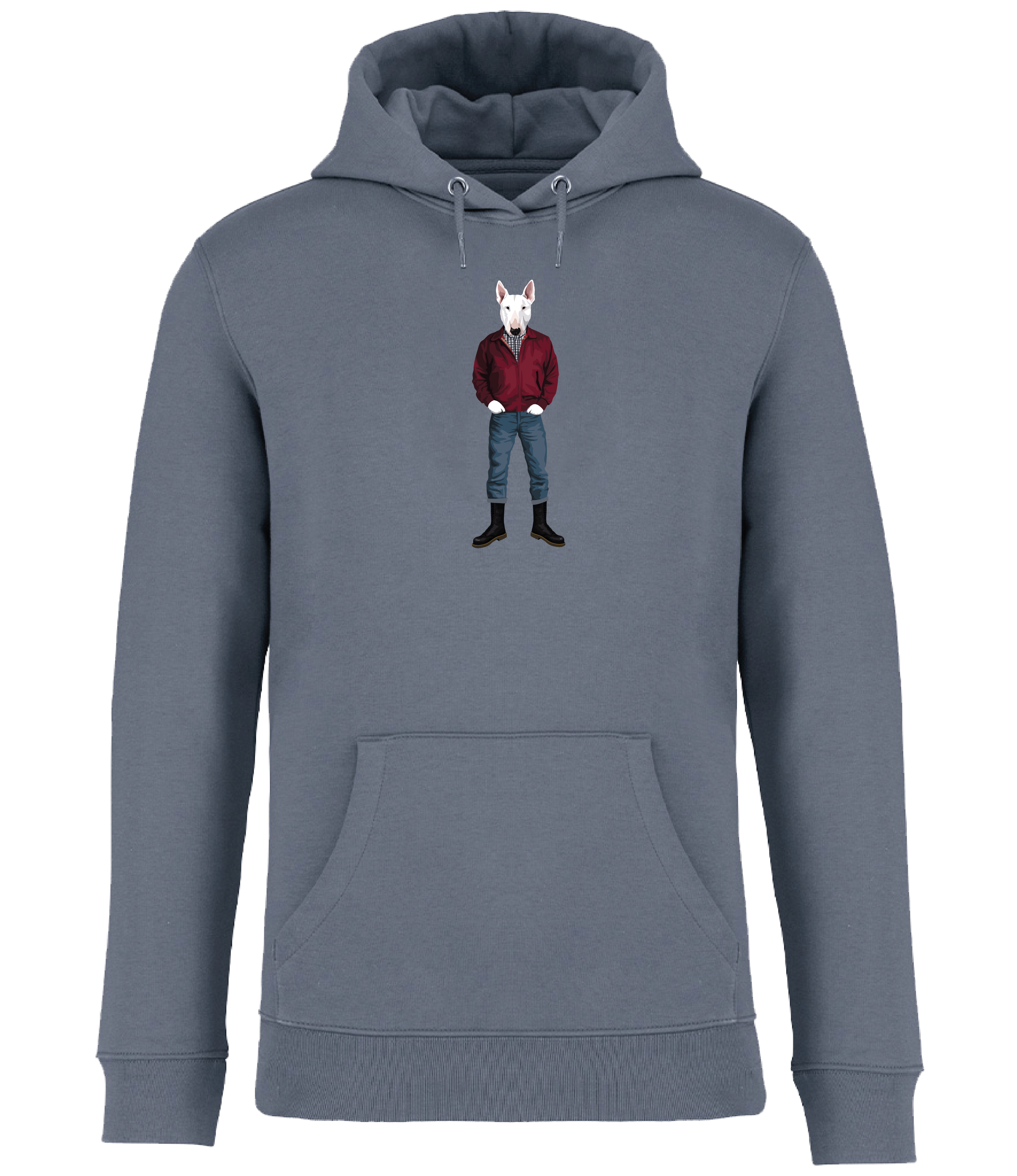 Mineral Grey Hoodie printed with an English Bull Terrier Dog wearing a red jacket, rolled up jeans and boots