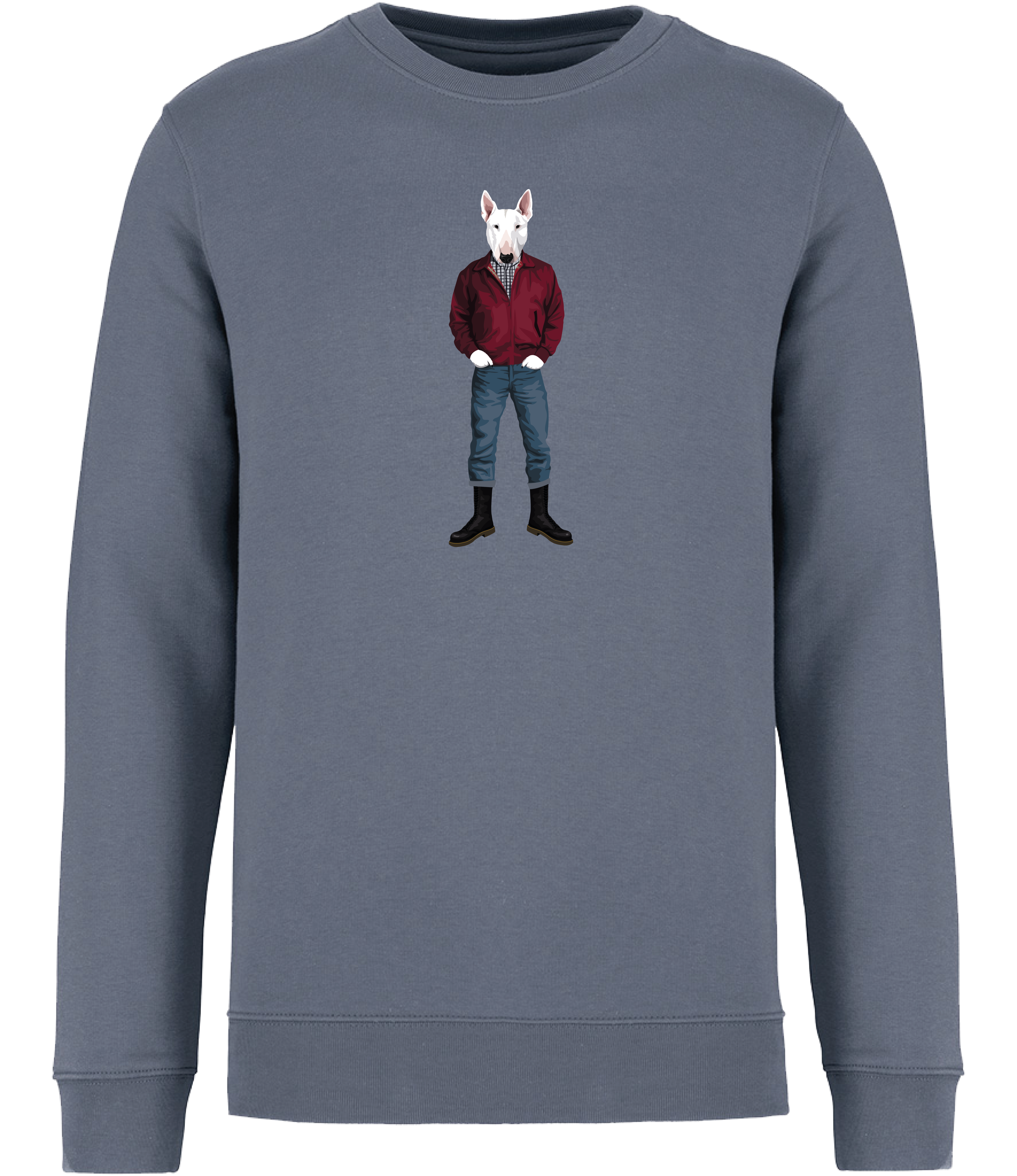 Mineral Grey Sweatshirt printed with an English Bull Terrier Dog wearing a red jacket, rolled up jeans and boots