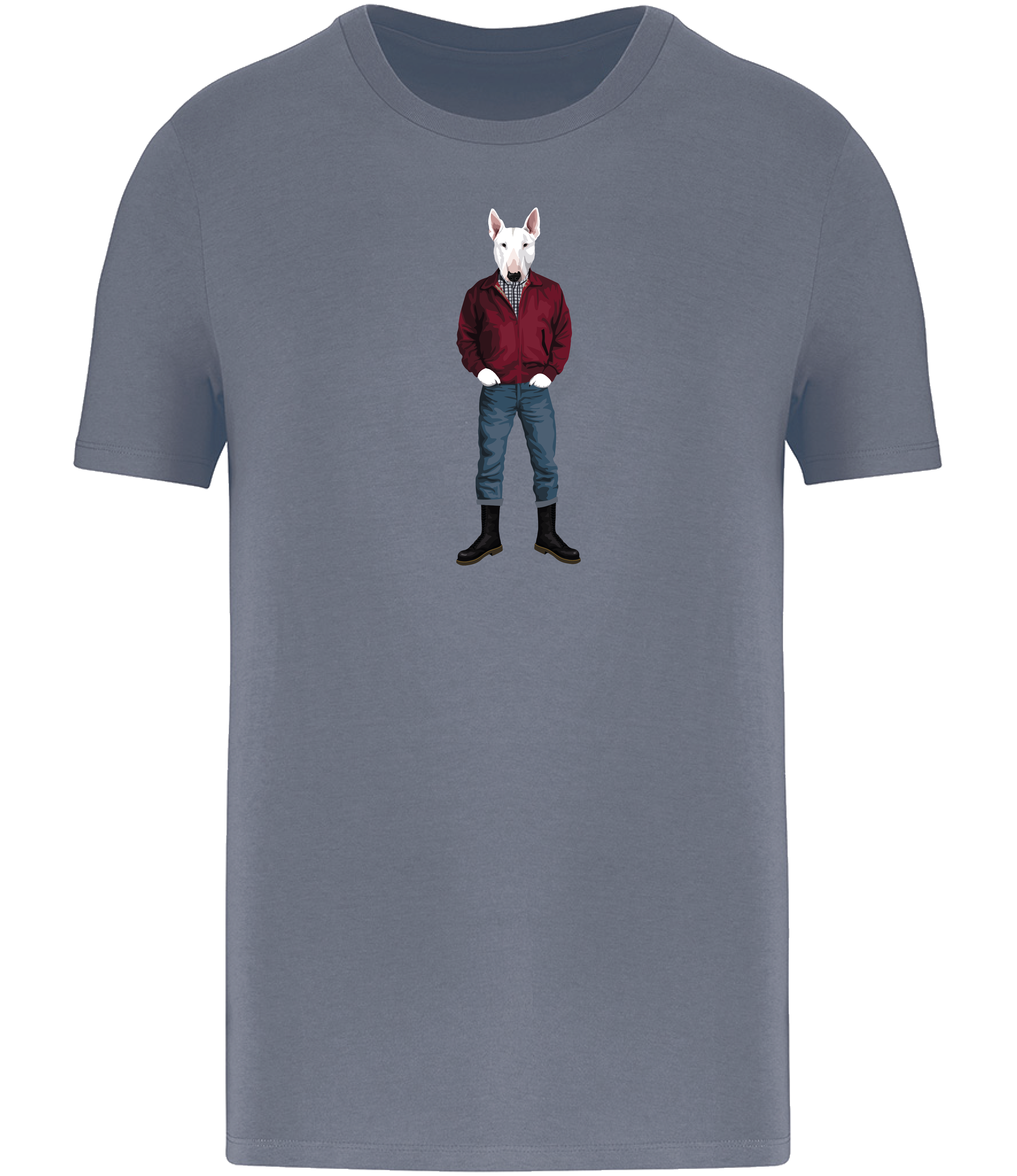 Mineral Grey T-shirt printed with an English Bull Terrier Dog wearing a red jacket, rolled up jeans and boots