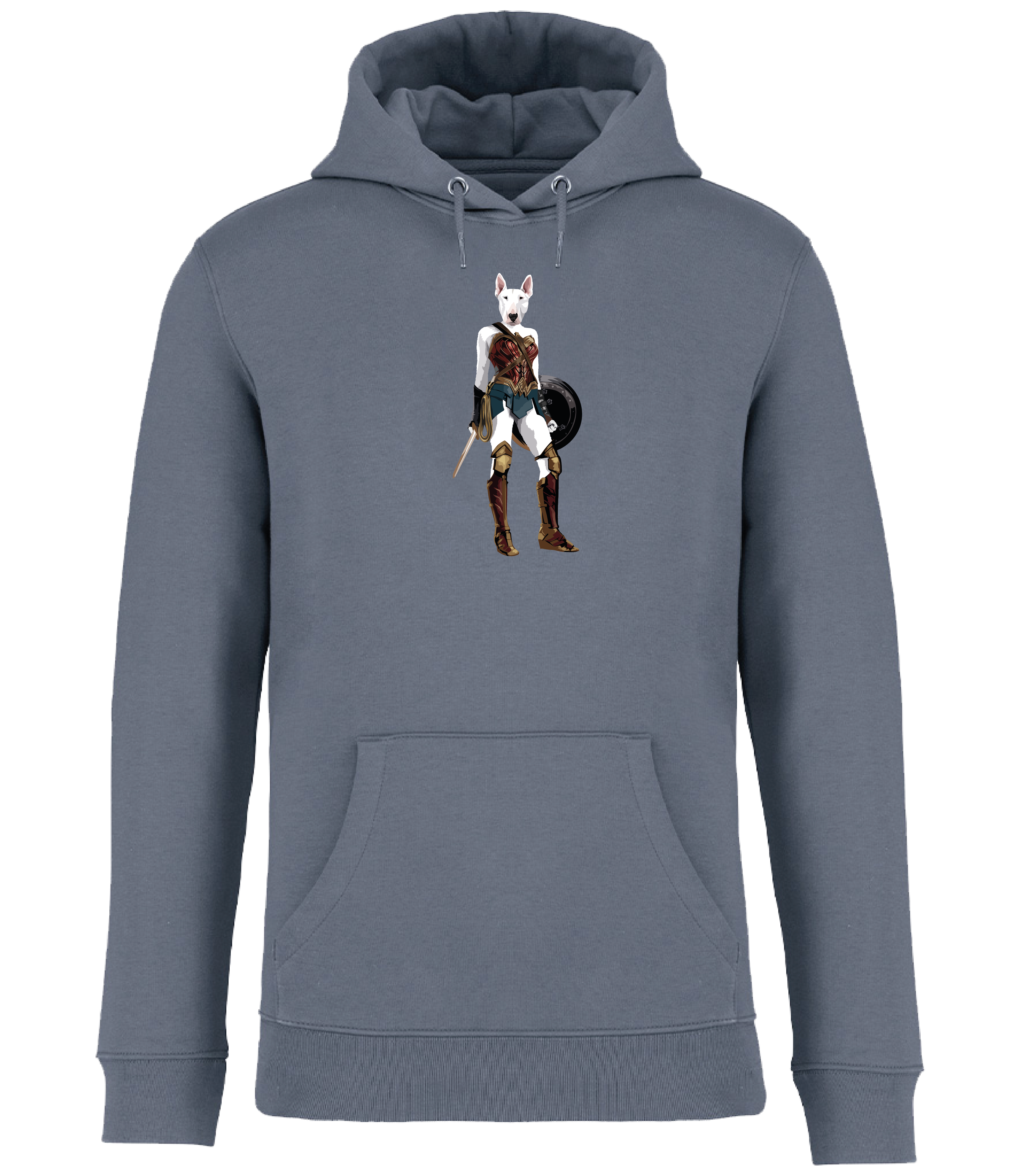Mineral Grey Hoodie printed with an English Bull Terrier Dog dressed up as Wonder Woman holding a shield and sword