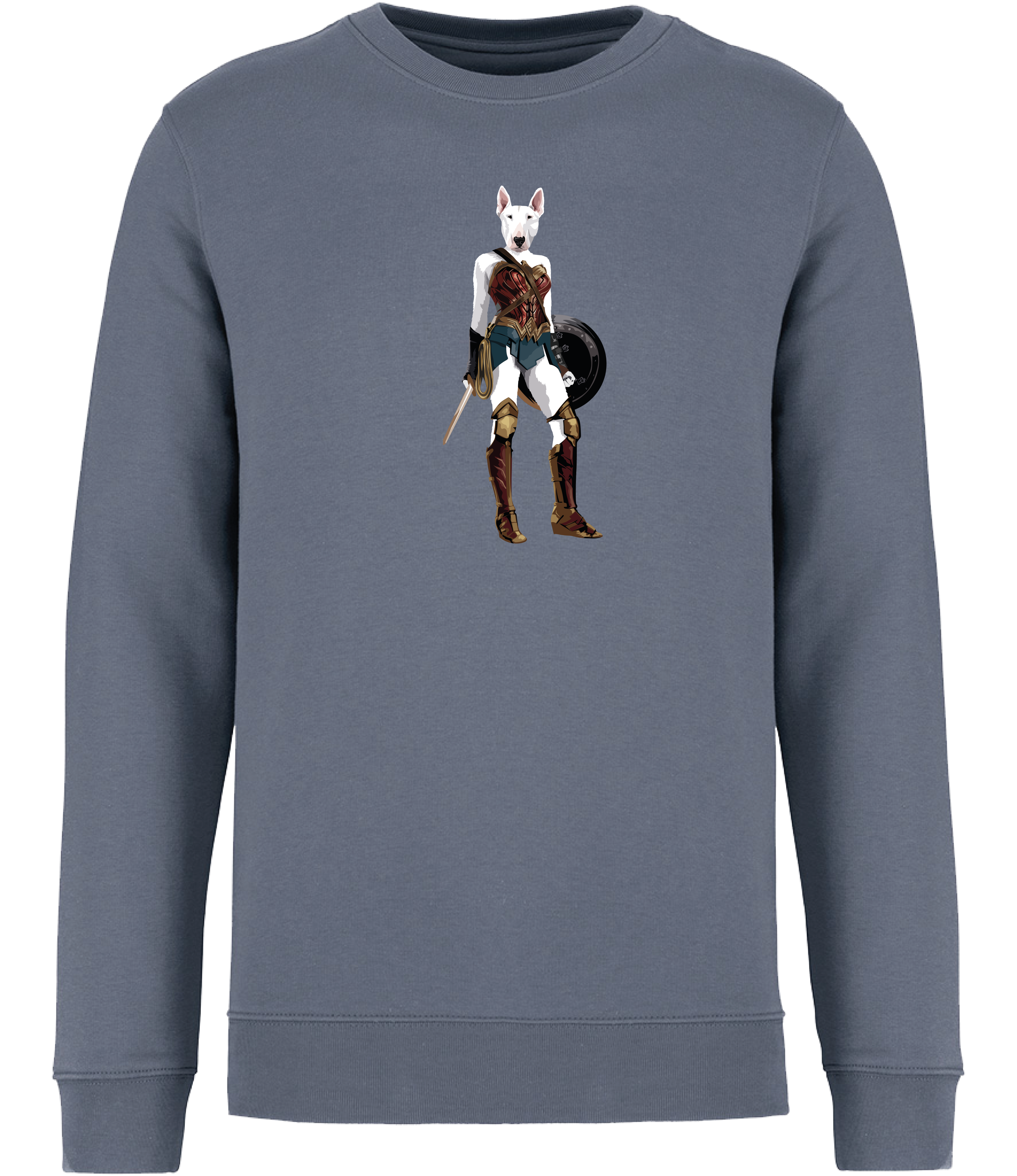 Mineral Grey Sweatshirt printed with an English Bull Terrier Dog dressed up as Wonder Woman holding a shield and sword