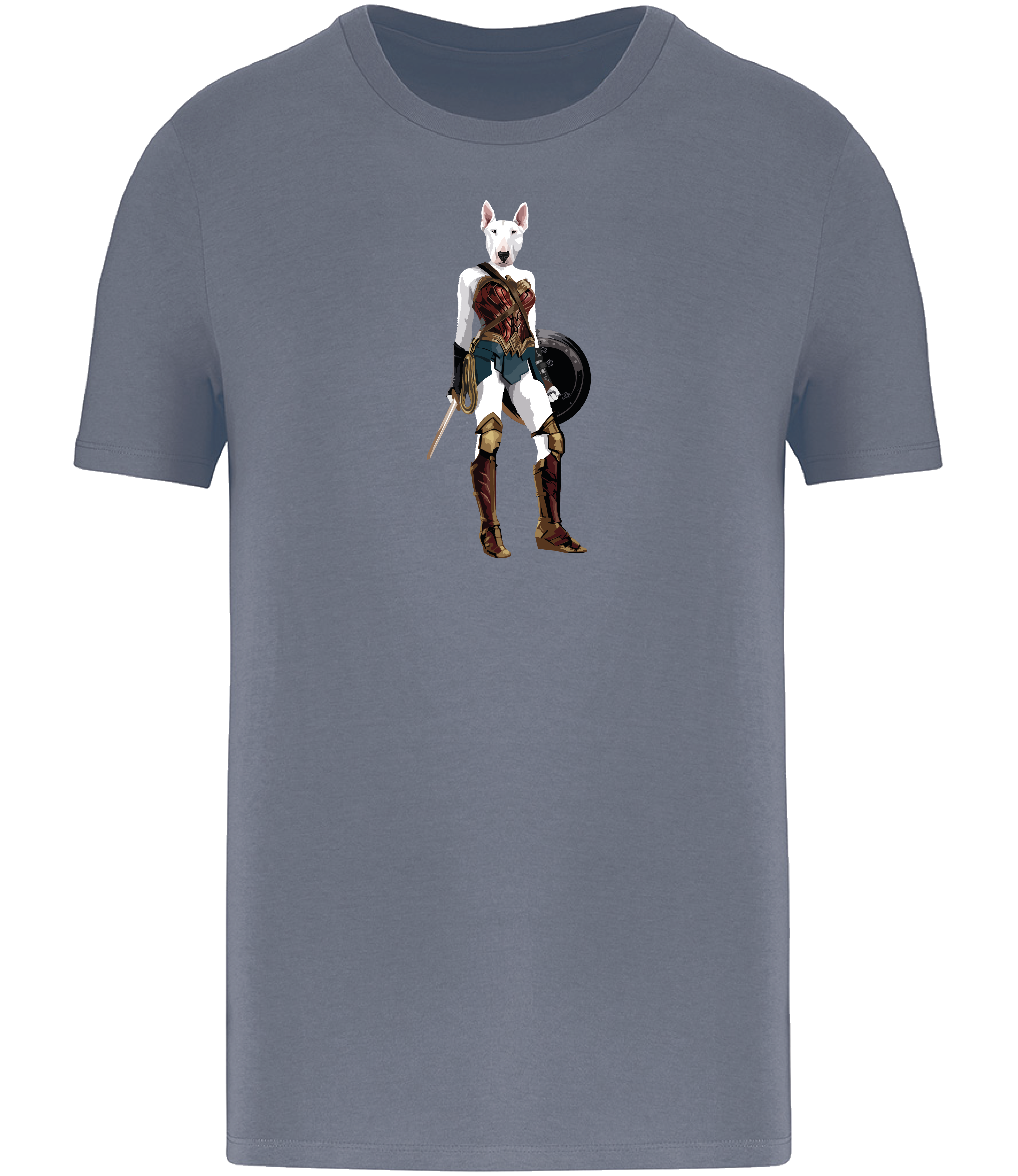 Ronnies Casuals Mineral Grey T-shirt printed with an English Bull Terrier Dog dressed up as Wonder Woman holding a shield and sword