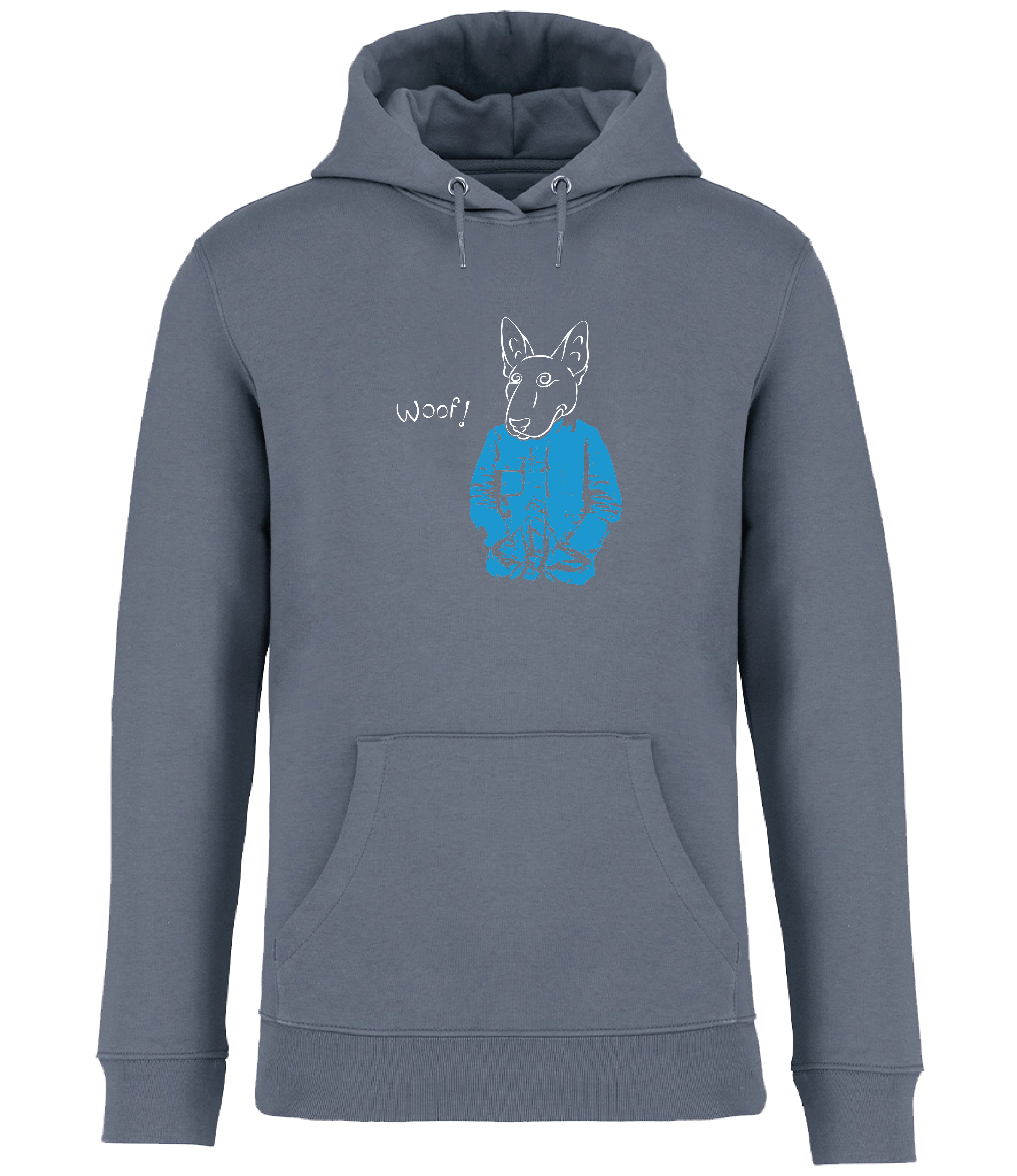 Mineral Grey Hoodie from Ronnies Casuals printed with a drawing of an English Bull Terrier Dog wearing a blue jacket and the word woof 