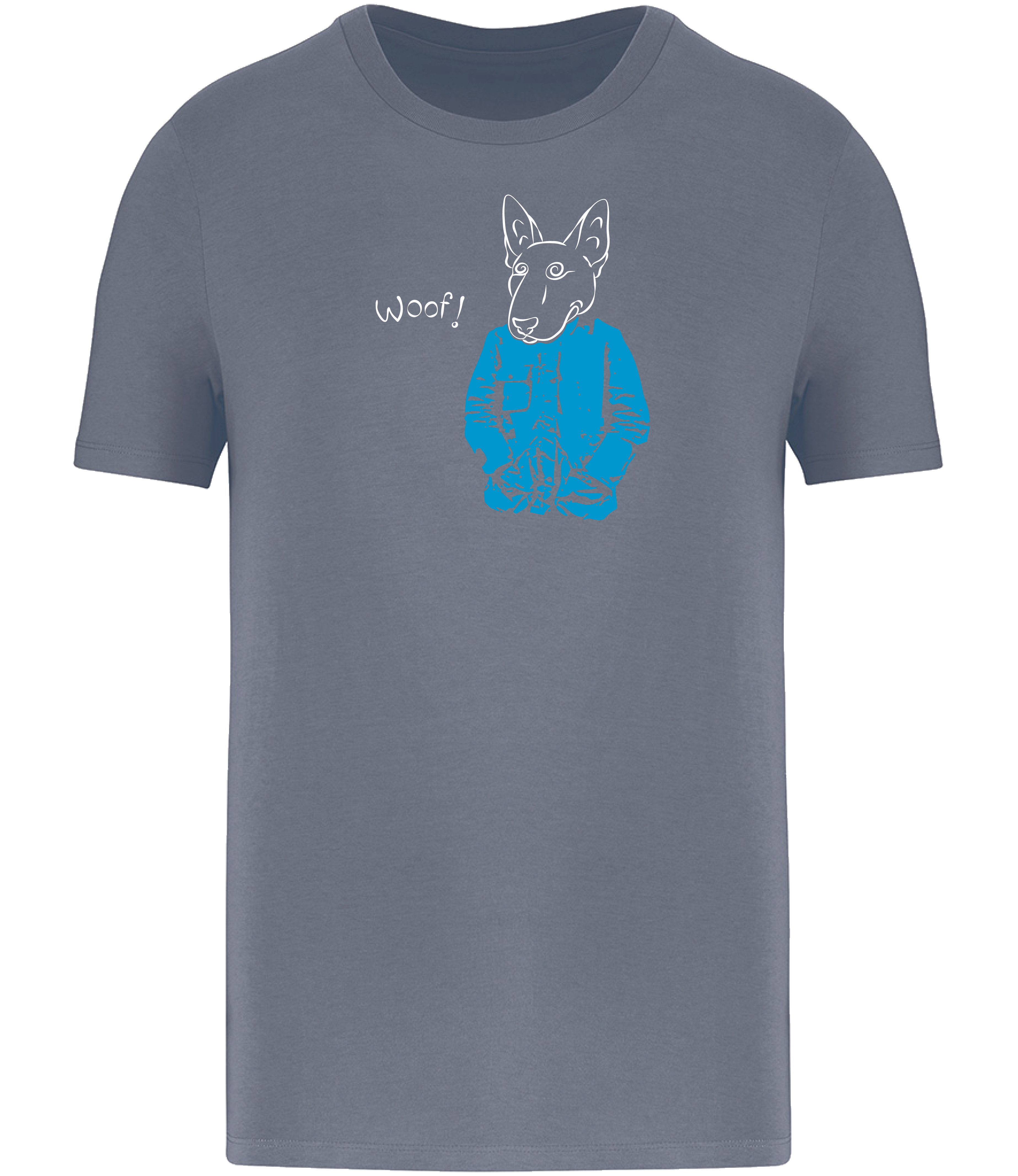 Mineral Grey T-shirt printed with a drawing of an English Bull Terrier Dog wearing a blue jacket and the word woof 