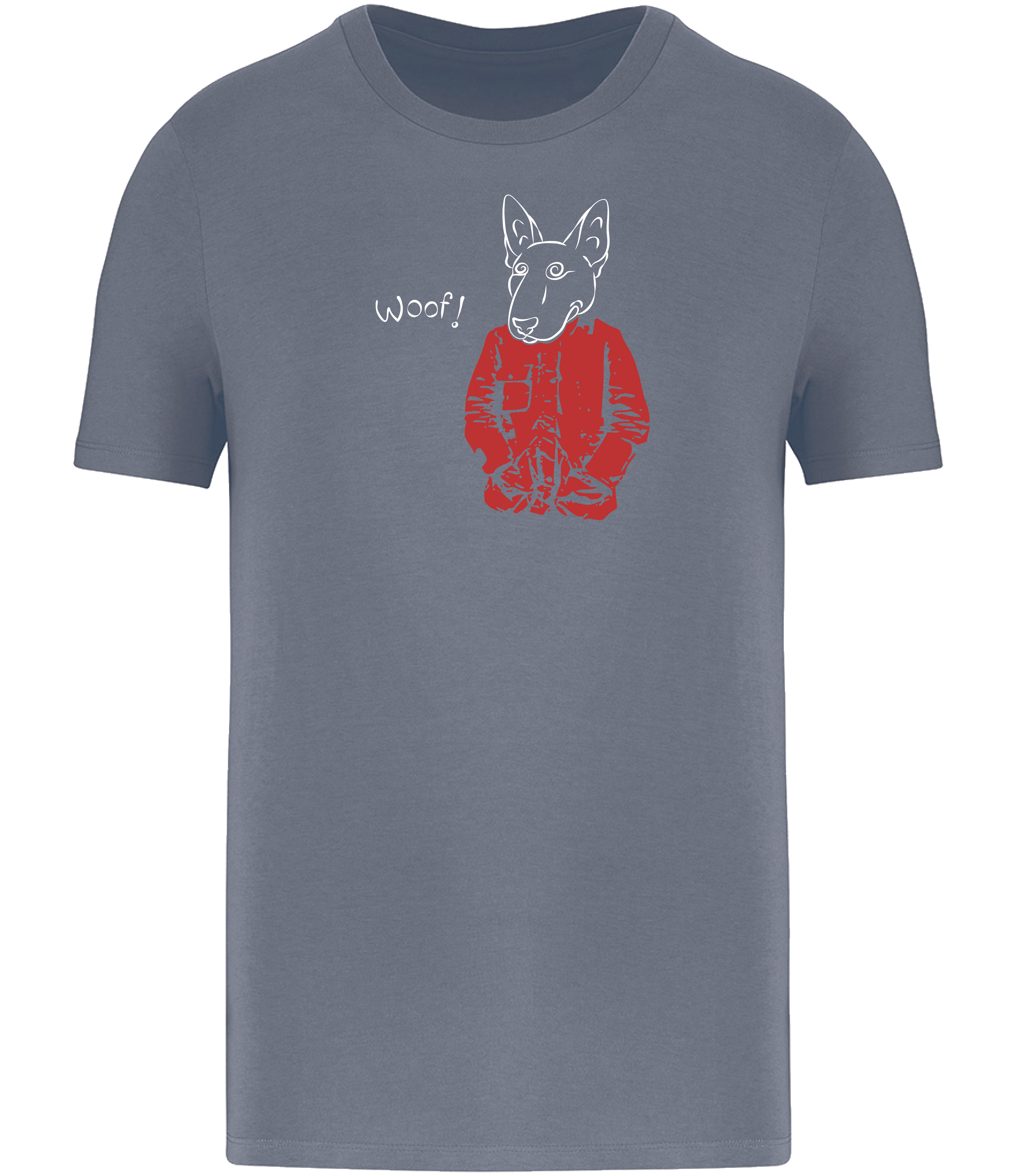 Mineral Grey T-shirt printed with a drawing of an English Bull Terrier Dog wearing a Red jacket and the word woof 