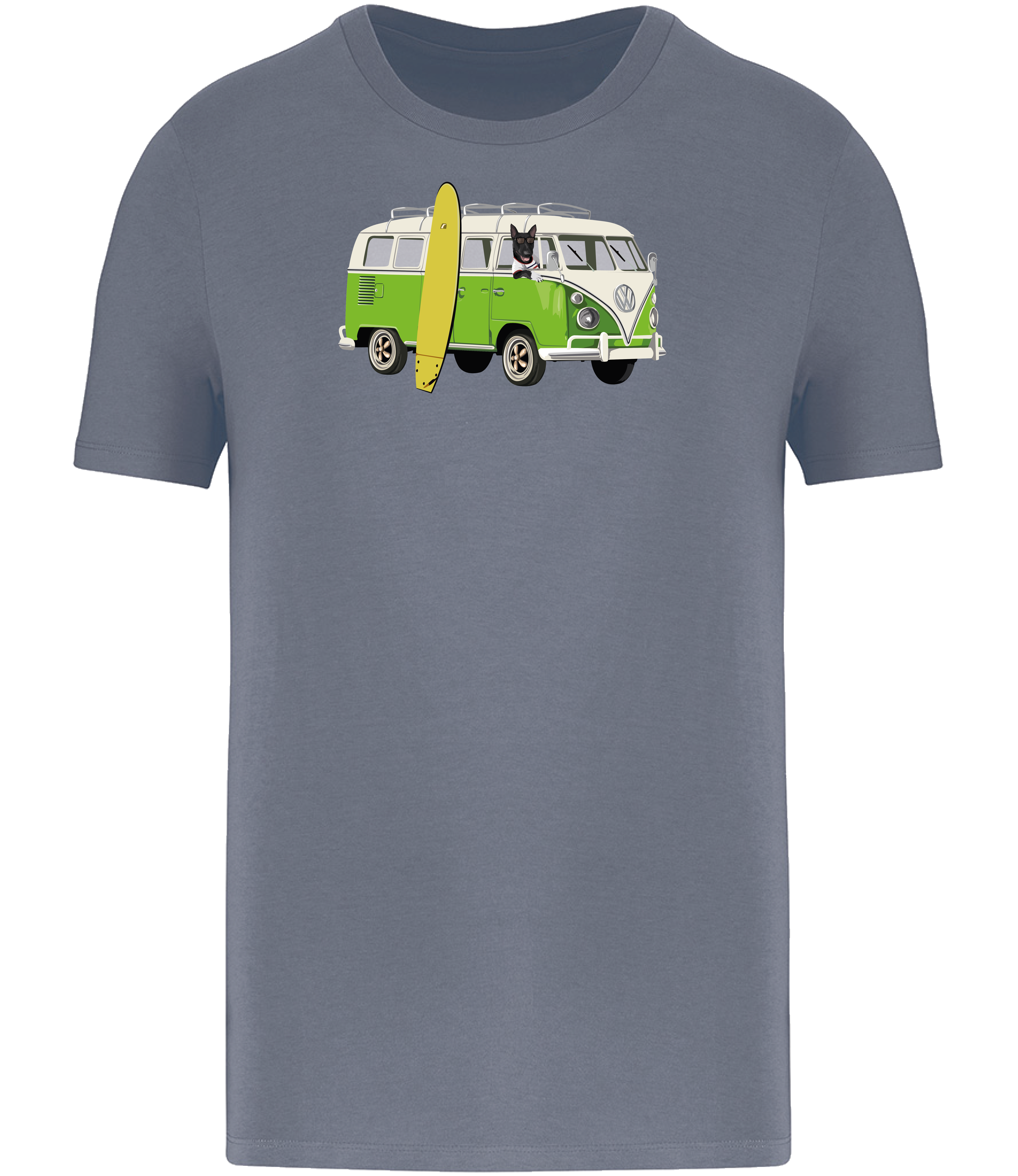 Mineral Grey T-shirt printed with and English Bull Terrier Dog in a camper van with a surf board