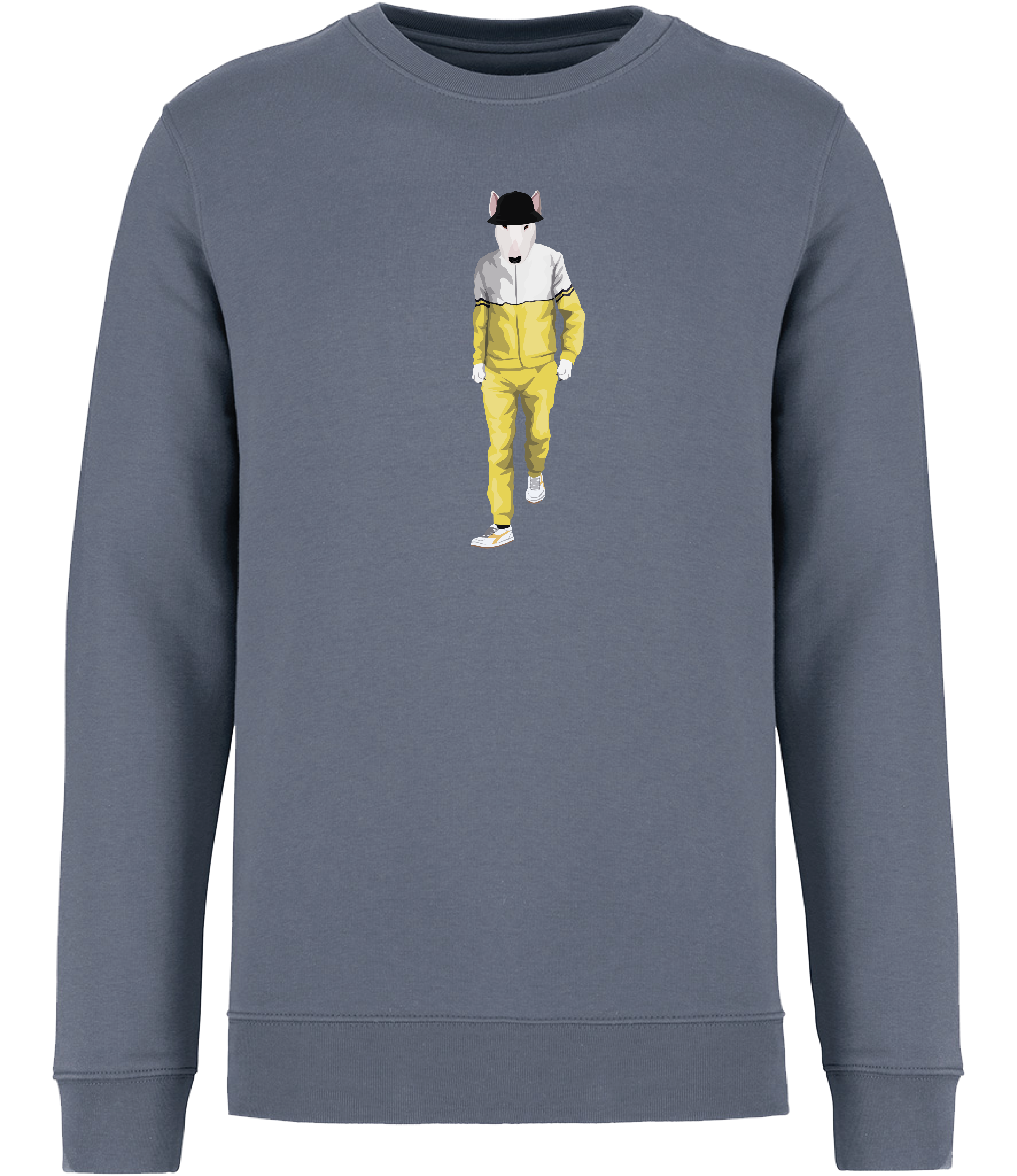 Mineral Grey Sweatshirt printed with an English Bull terrier Dog wearing a yellow and white tracksuit, trainers and a black bucket hat