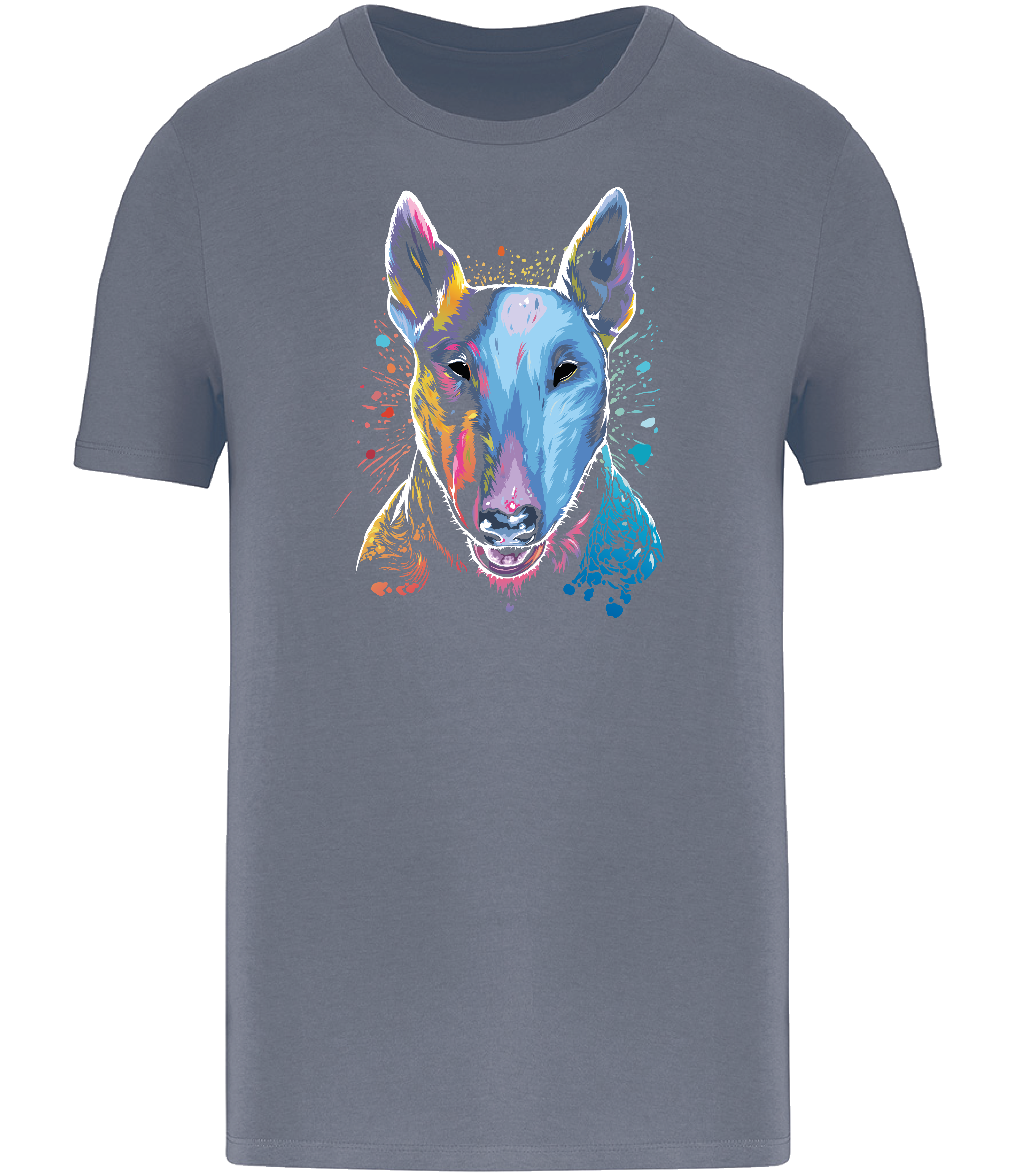 Mineral Grey T-shirt printed with an English Bull Terrier Dog face in bright colours and paint splashes 