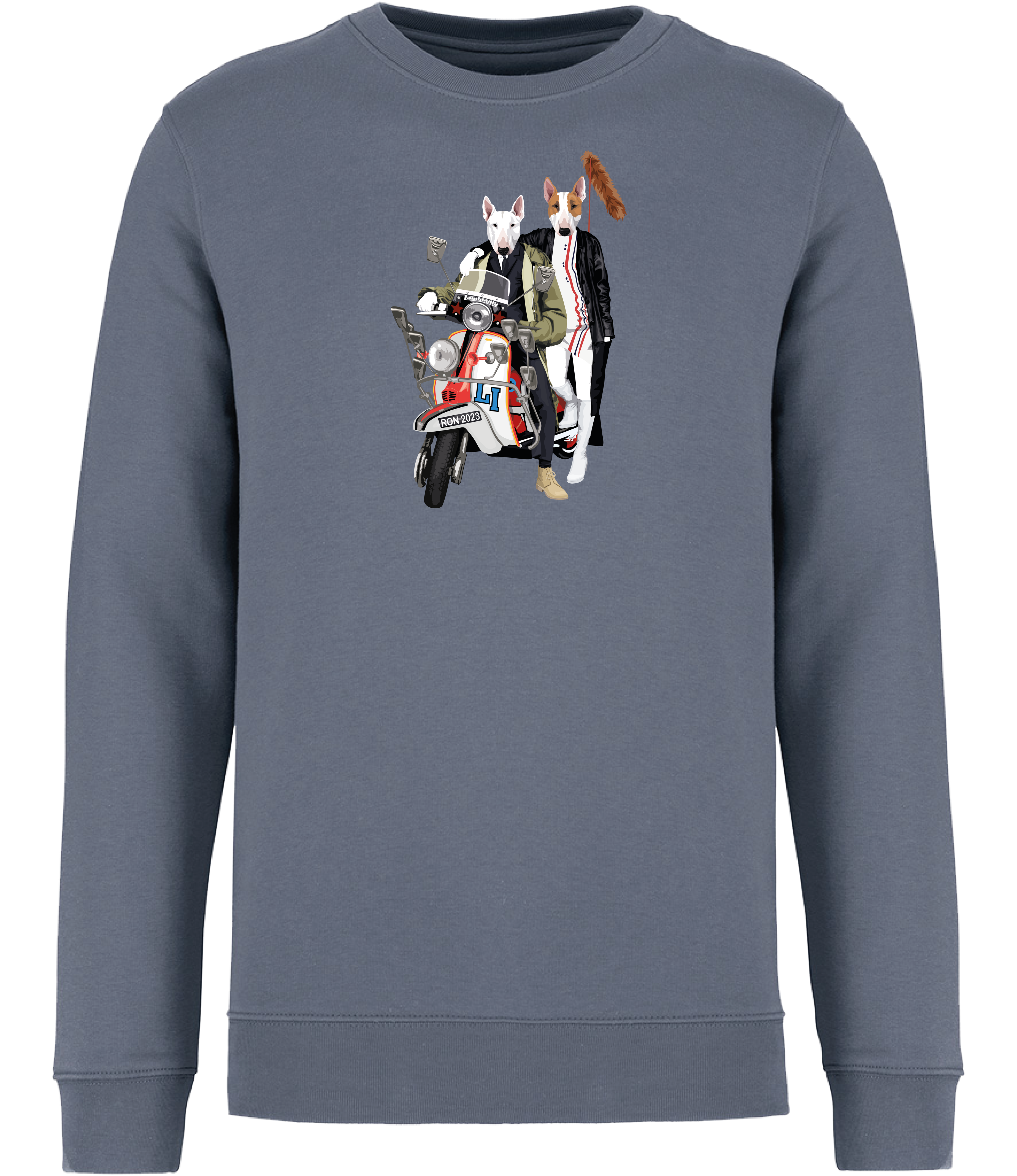Mineral Grey sweatshirt printed with 2 English bull terrier dogs wearing trendy clothes riding a red and white scooter with fox tail on the back