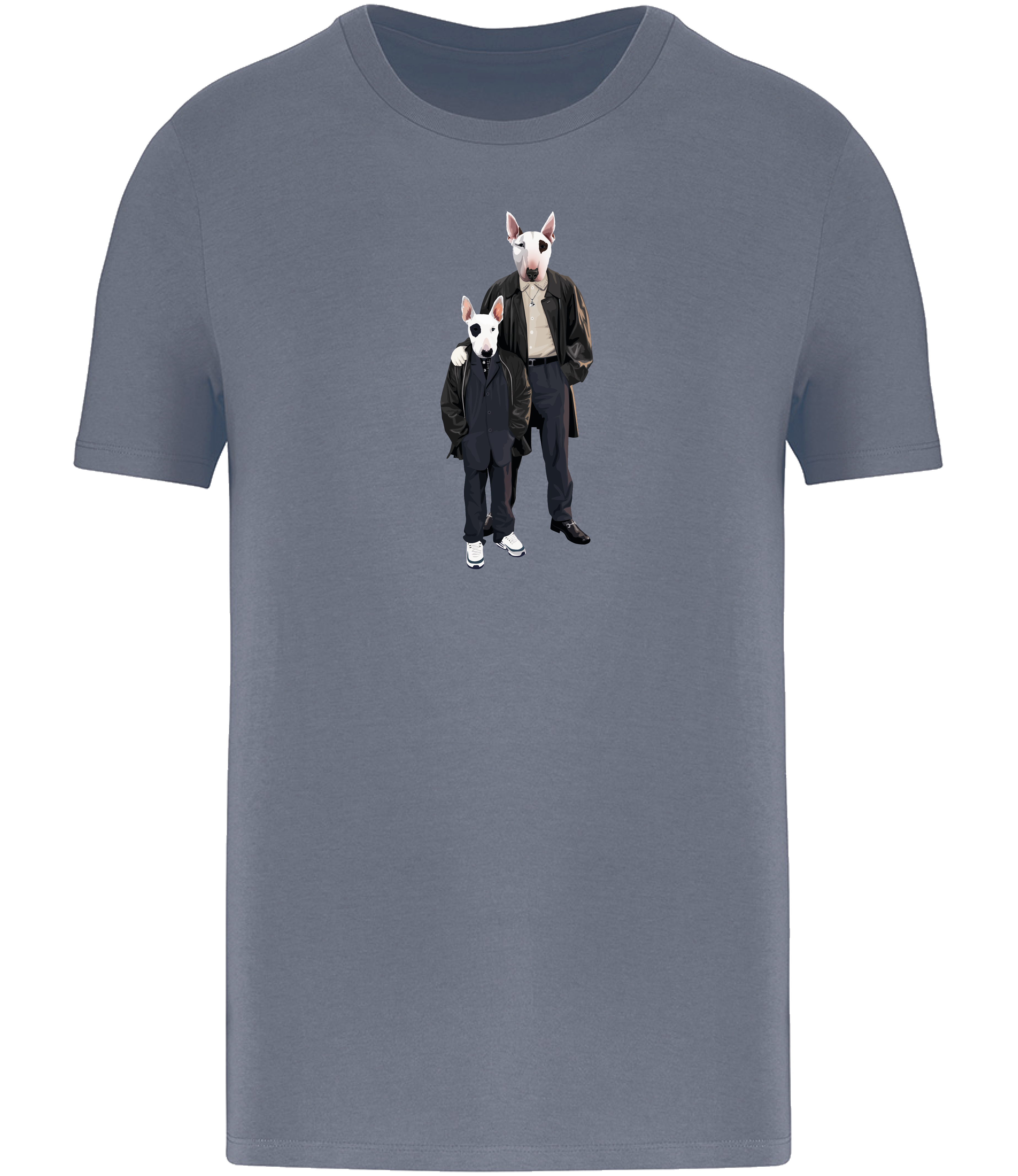 Mineral Grey T-shirt printed with an adult and boy English Bull Terrier Dogs wearing suits and leather jackets