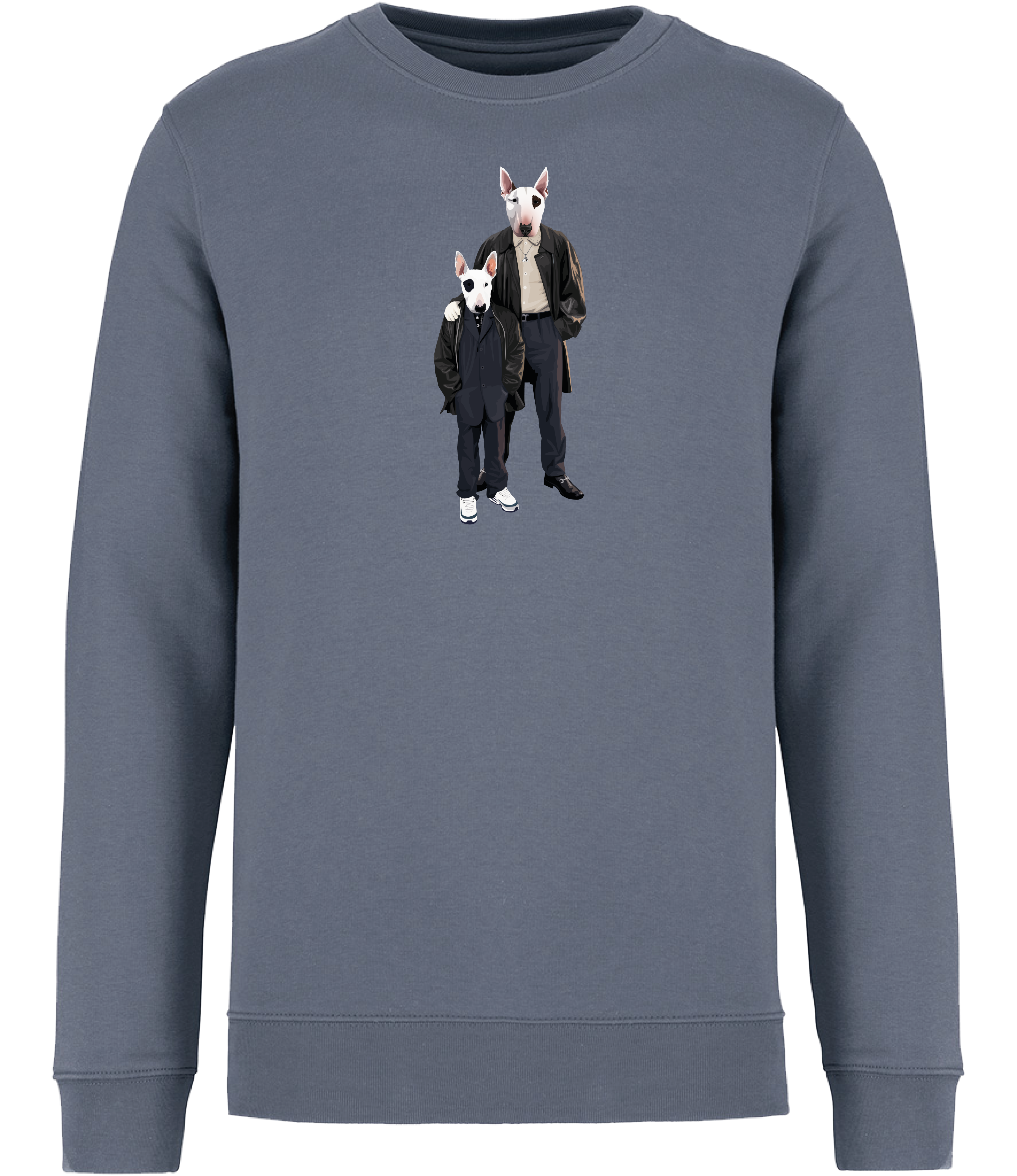 Mineral Grey Sweatshirt printed with an adult and boy English Bull Terrier Dogs wearing suits and leather jackets