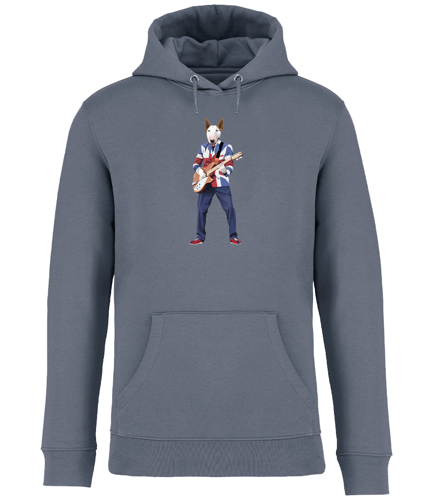 Mineral Grey Hoodie printed with an English Bull Terrier Dog wearing a Union Jack jacket playing a guitar