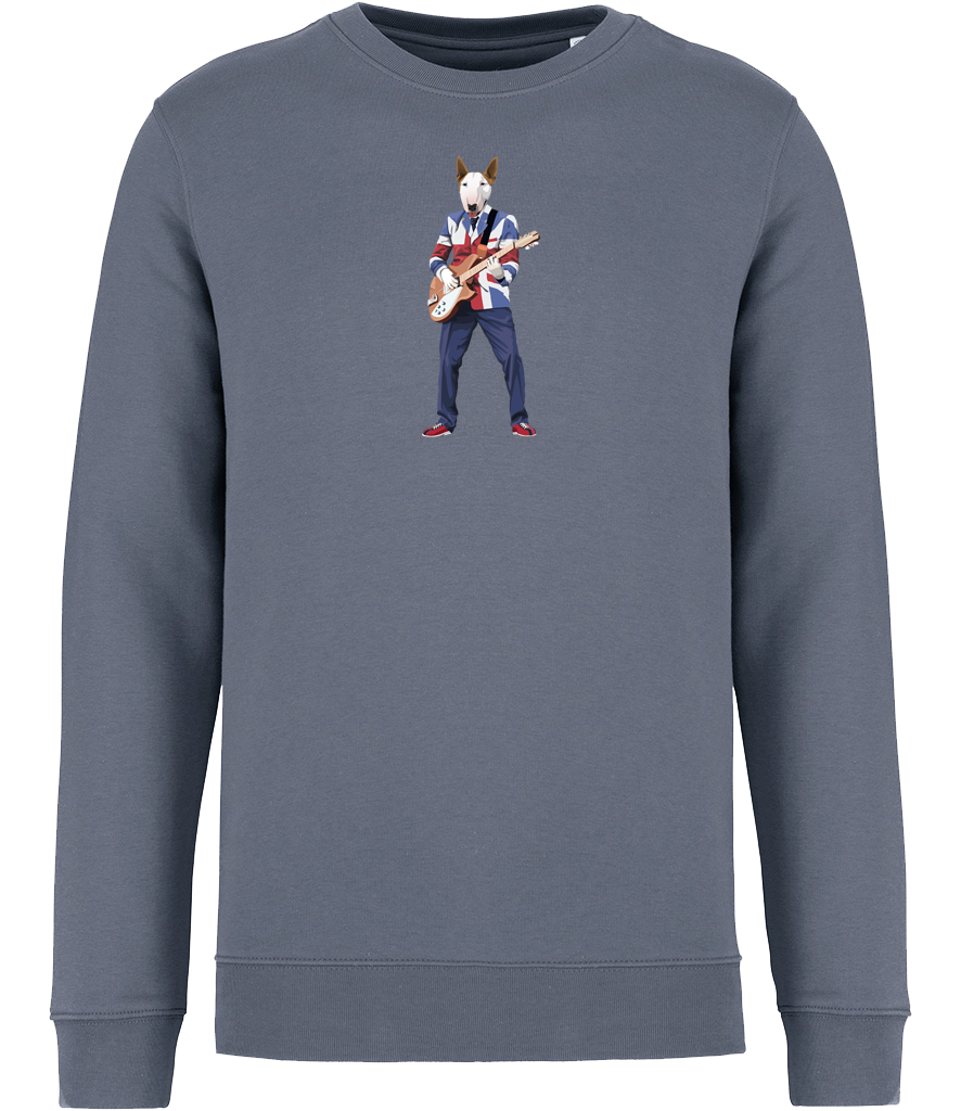 Mineral Grey Sweatshirt printed with an English Bull Terrier Dog wearing a Union Jack jacket playing a guitar