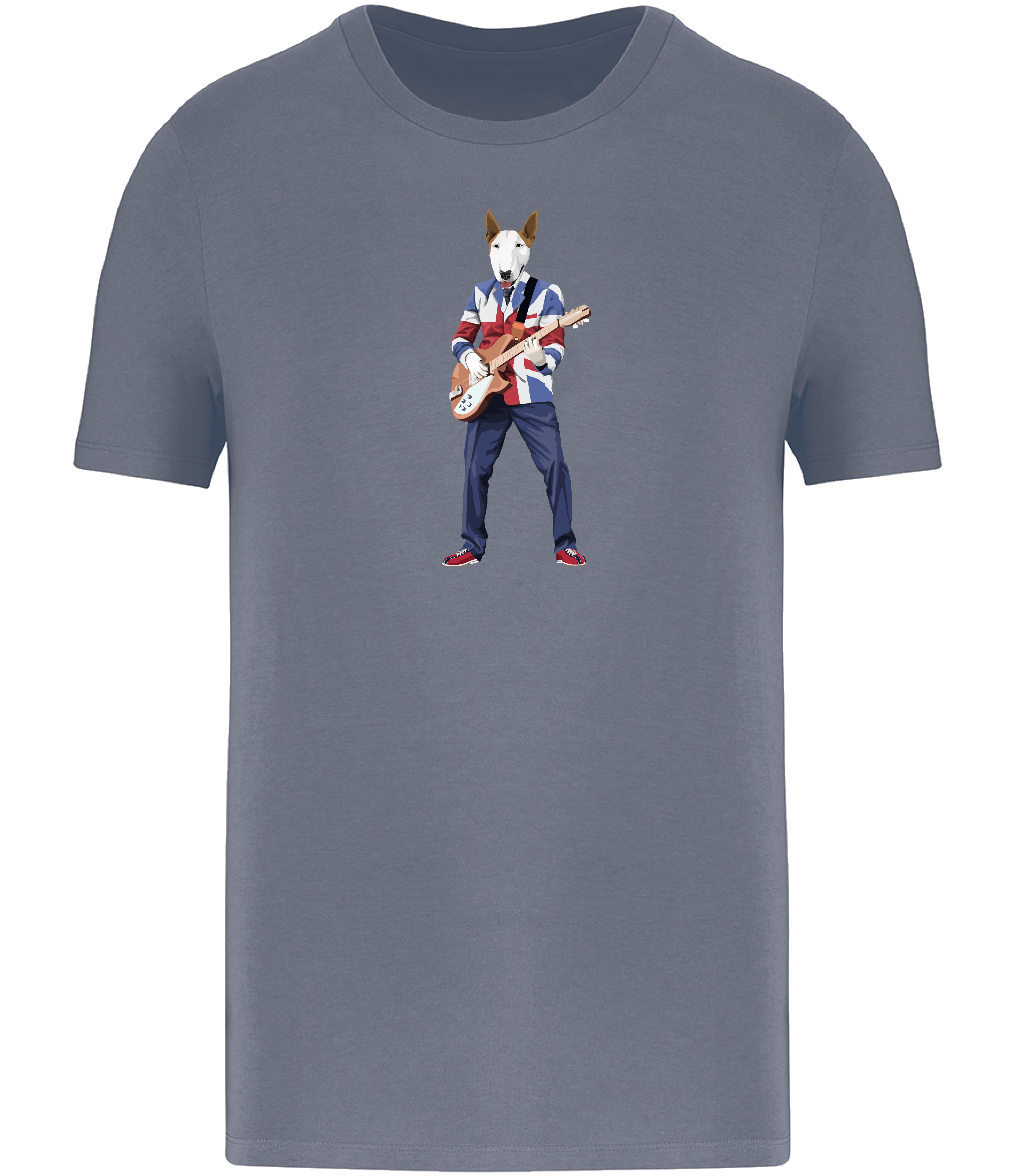Mineral Grey T-shirt printed with an English Bull Terrier Dog wearing a Union Jack jacket playing a guitar