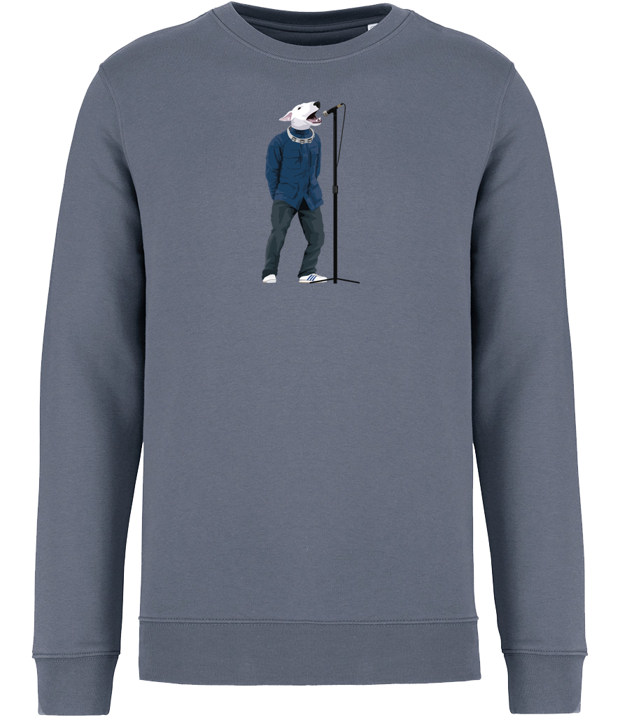 Mineral Grey Sweatshirt printed with an English Bull Terrier Dog wearing a blue jacket, jeans and trainers. A tambourine round his neck singing into a microphone