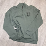 Green Sweatshirt with a zip up neck english bull terrier design on left breast laying on a wooden floor