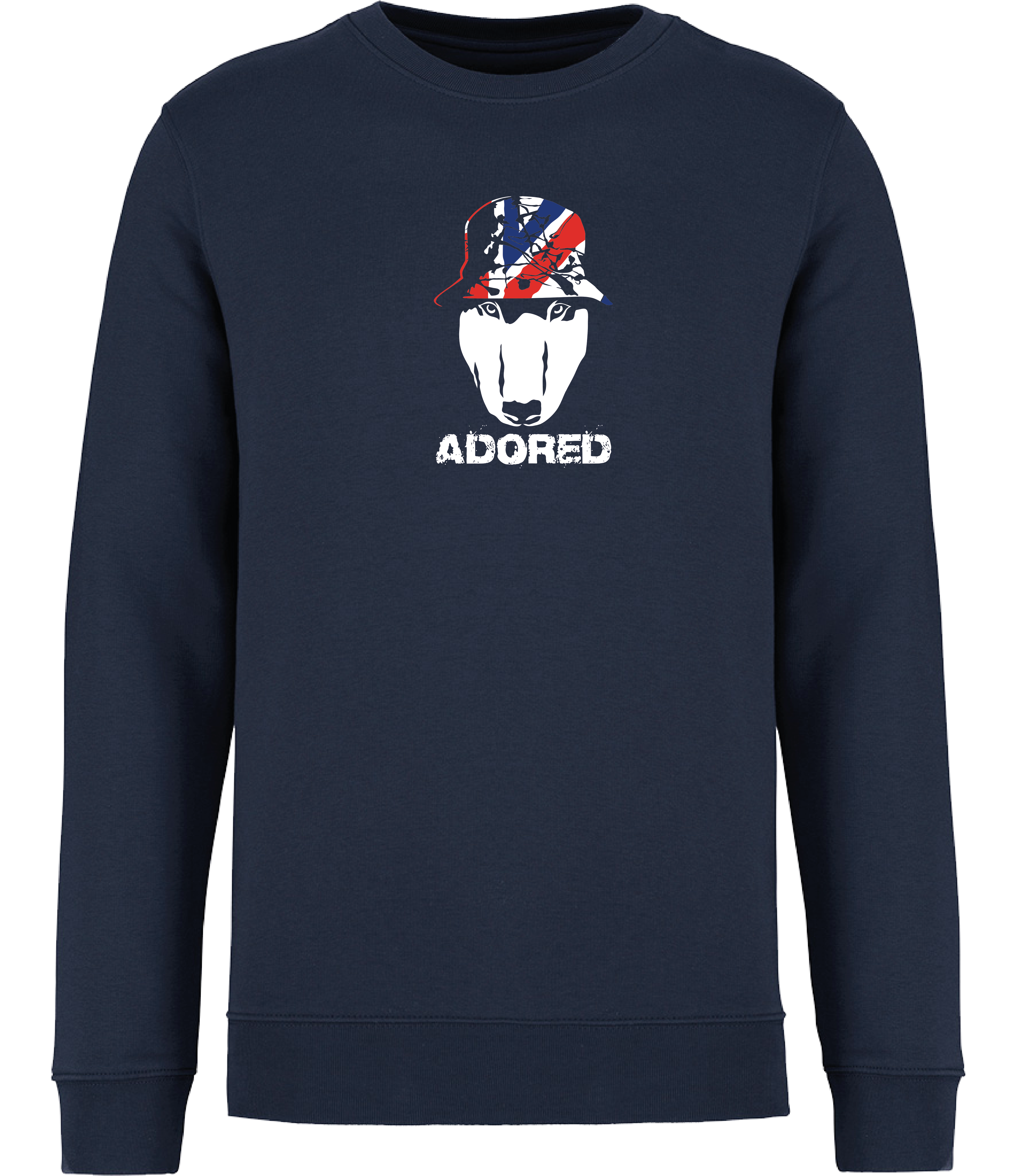 Navy Blue Sweatshirt printed with English Bull Terrier head wearing a union jack bucket hat and the words adored underneath. Stone Roses inspired sweatshirt from Ronnies Casuals.