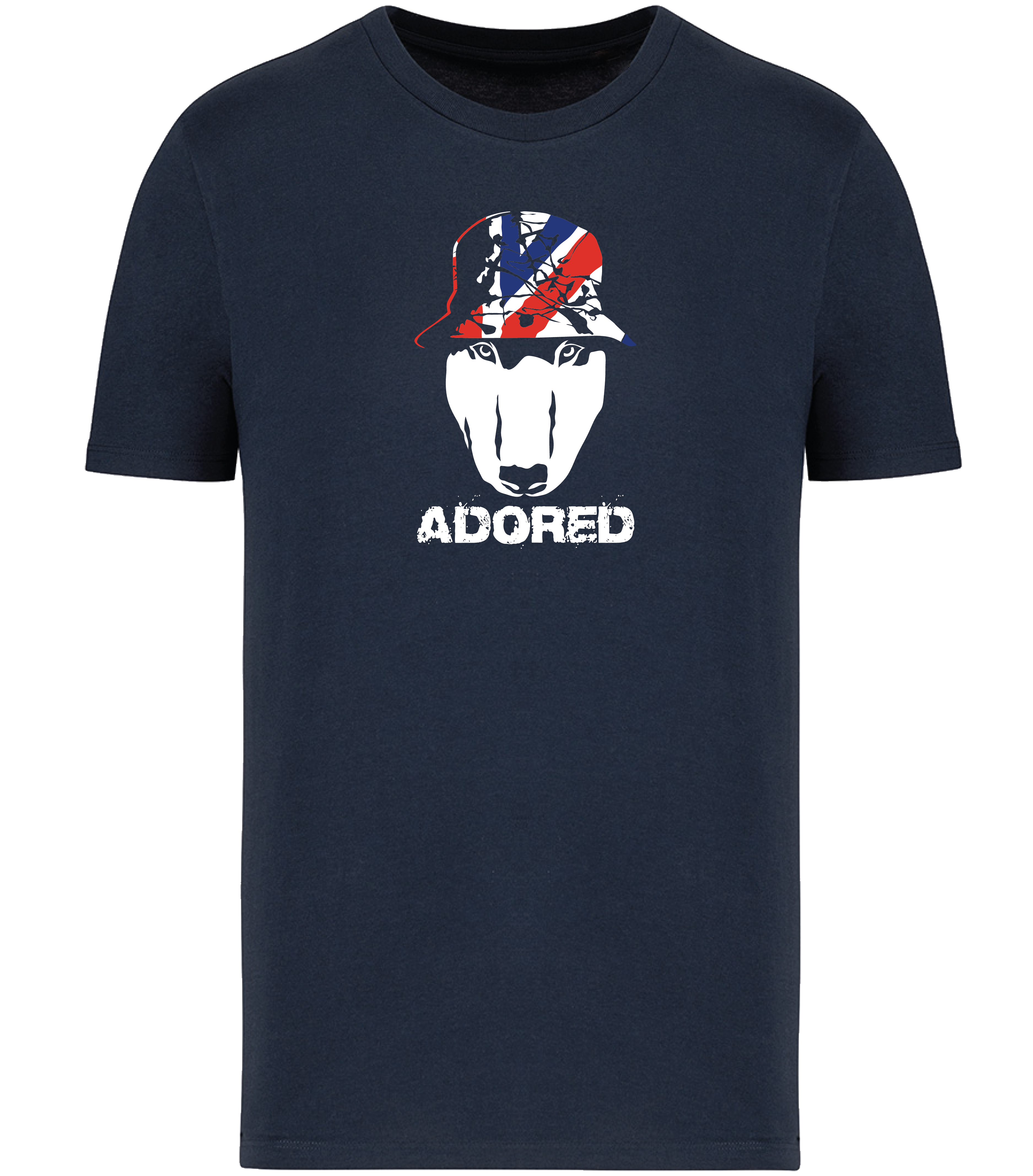 Navy Blue colour t-shirt with short sleeves and a crew neckline featuring an English Bull Terrier face design wearing a union jack hat and the word Adored underneath