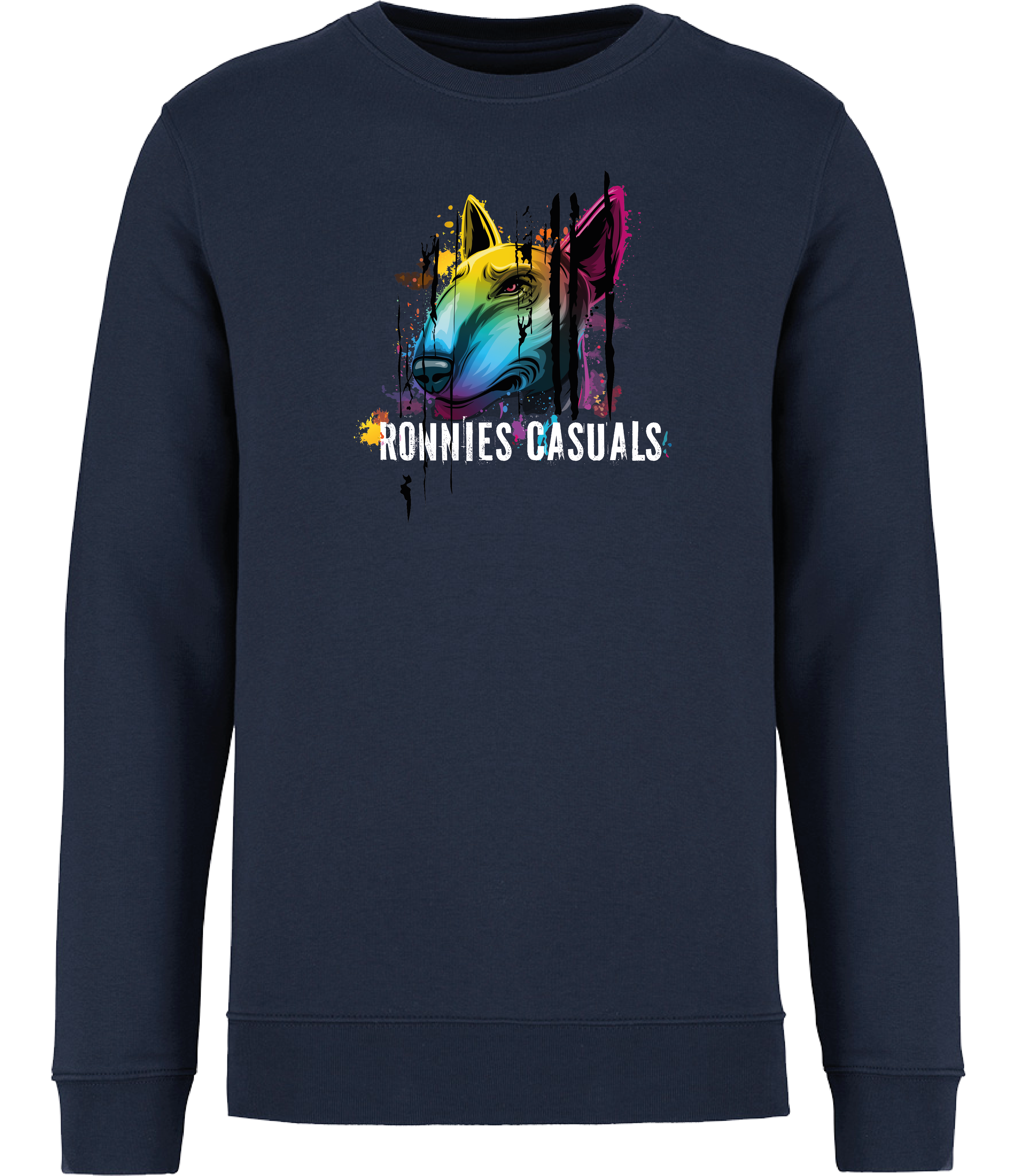 Navy Sweatshirt printed with Colourful English Bull Terrier Dog head and words saying Ronnies Casuals underneath