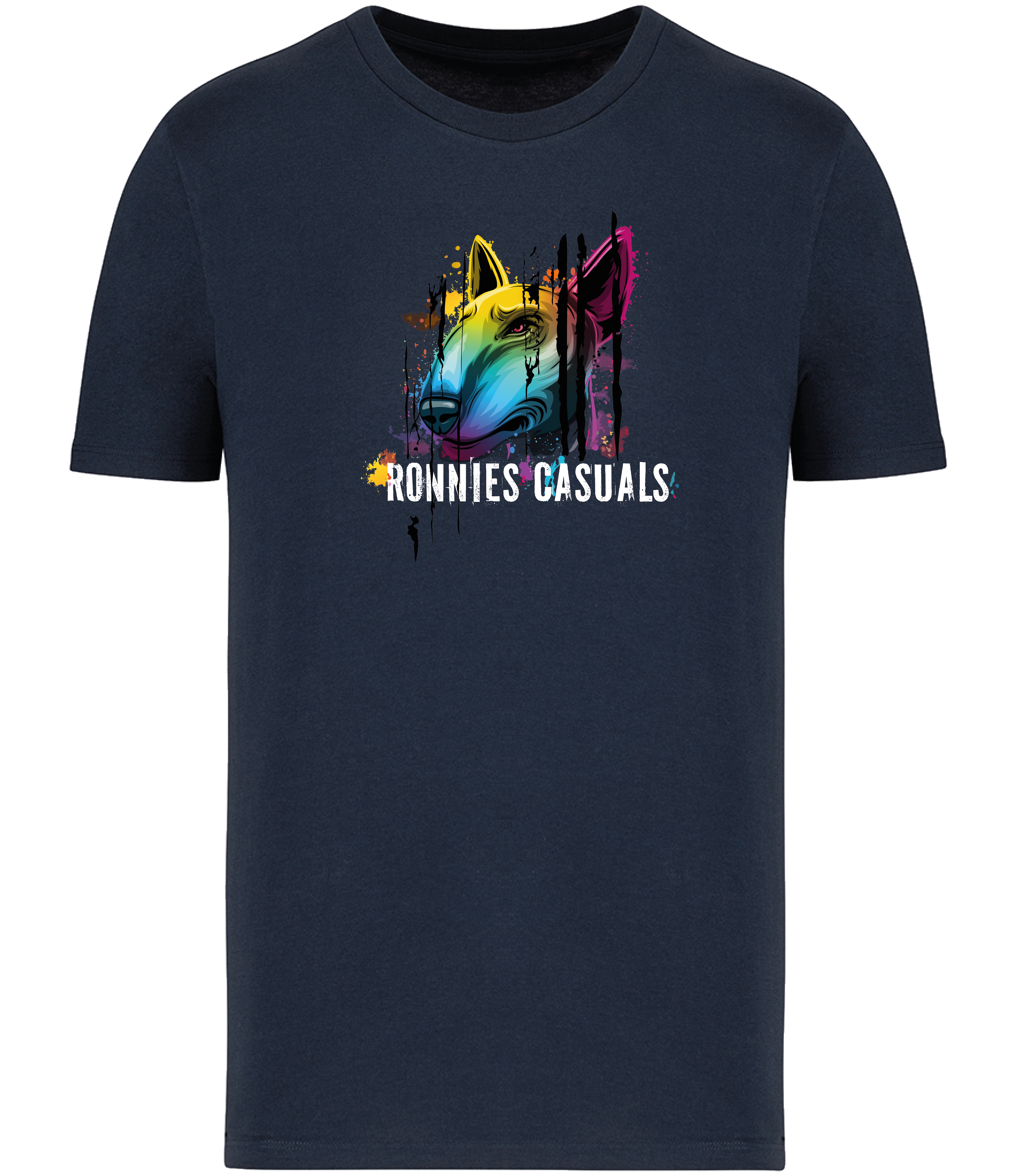 Ronnies Casuals Navy Blue T-shirt printed with Colourful English Bull Terrier Dog head and words saying Ronnies Casuals underneath. Available in S, M, L, XL, 2XL, 3XL.